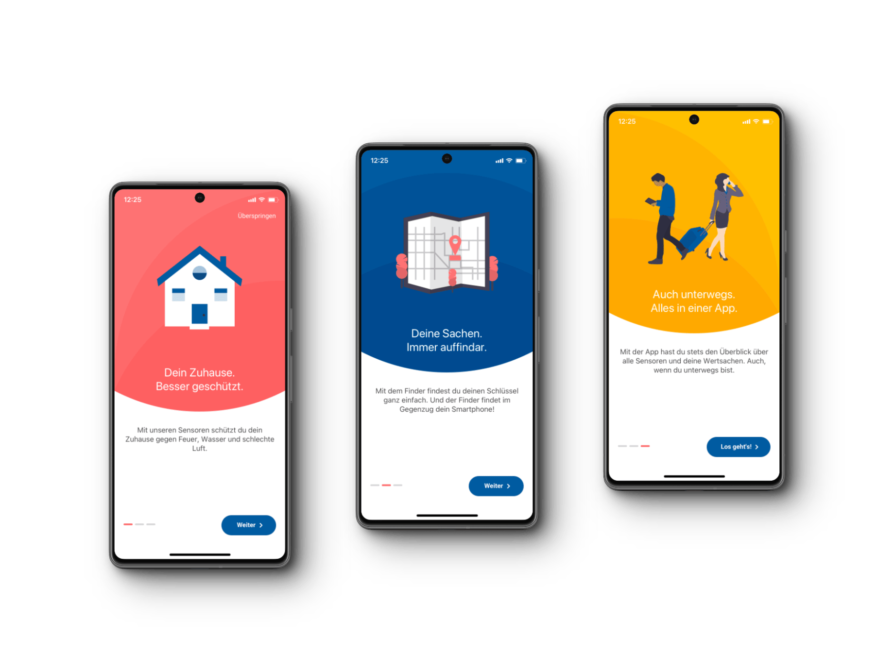 Three screenshot of a splash screen wit intro inside a mobile app.