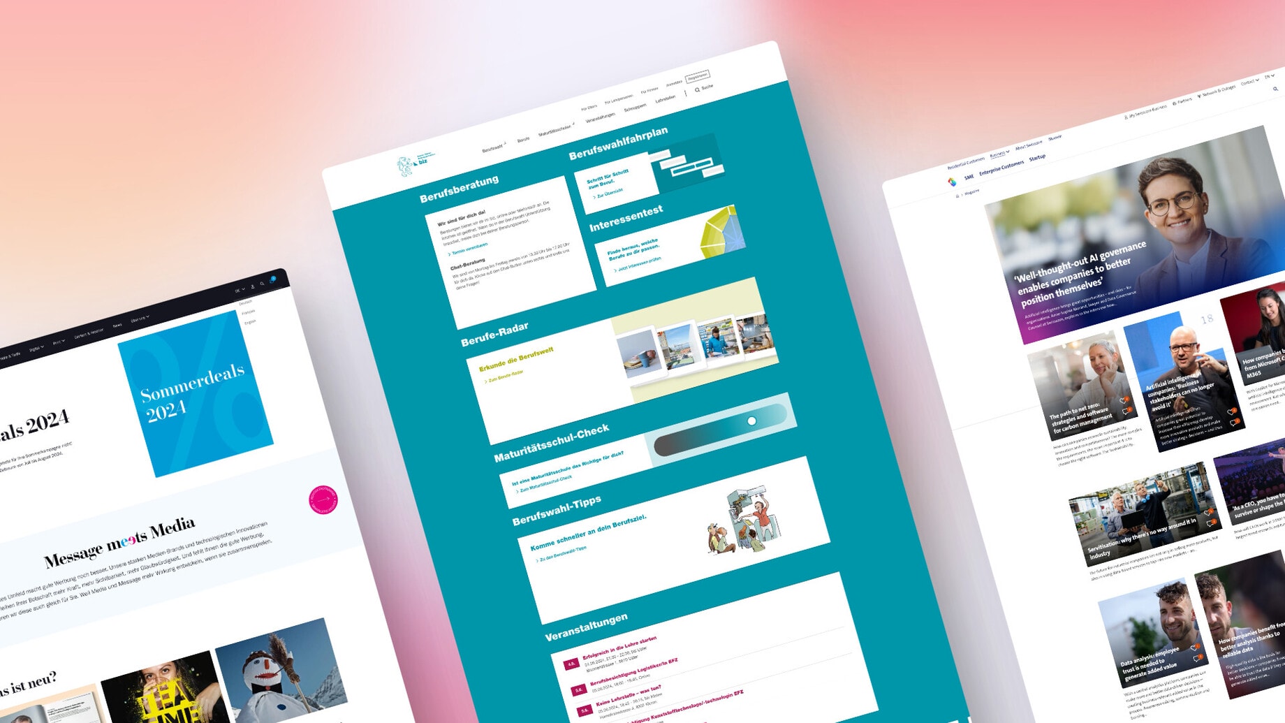 Drei verschiedene Website-Designs, die von einer WordPress-Agentur in Zürich und Luzern erstellt wurden, zeigen die Vielseitigkeit und Anpassungsfähigkeit des Content-Management-Systems (CMS).