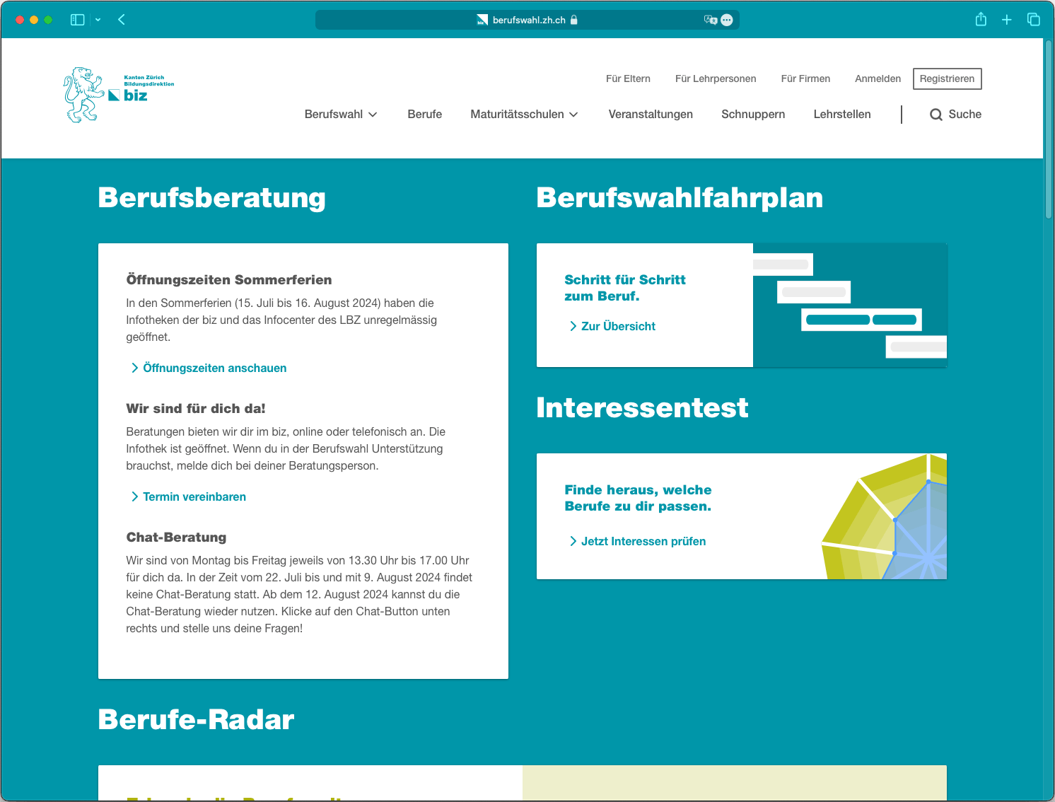 Screenshot des Berufswahl-Portals der Bildungsdirektion Zürich mit modernem Design, klarer Struktur und integrierten interaktiven Elementen.