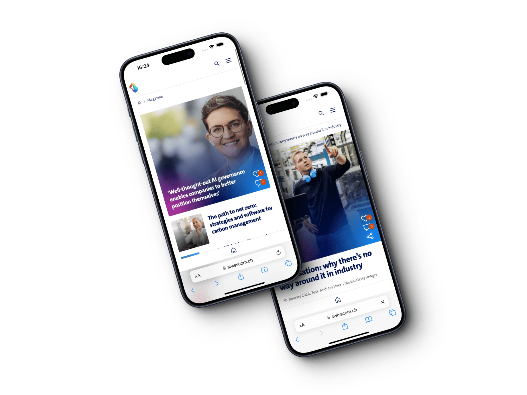 Zwei Smartphones zeigen die mobile Ansicht des Swisscom Magazins nach der erfolgreichen Migration der Website von Drupal 7 zu WordPress, mit modernem Design und verbesserten Funktionen.