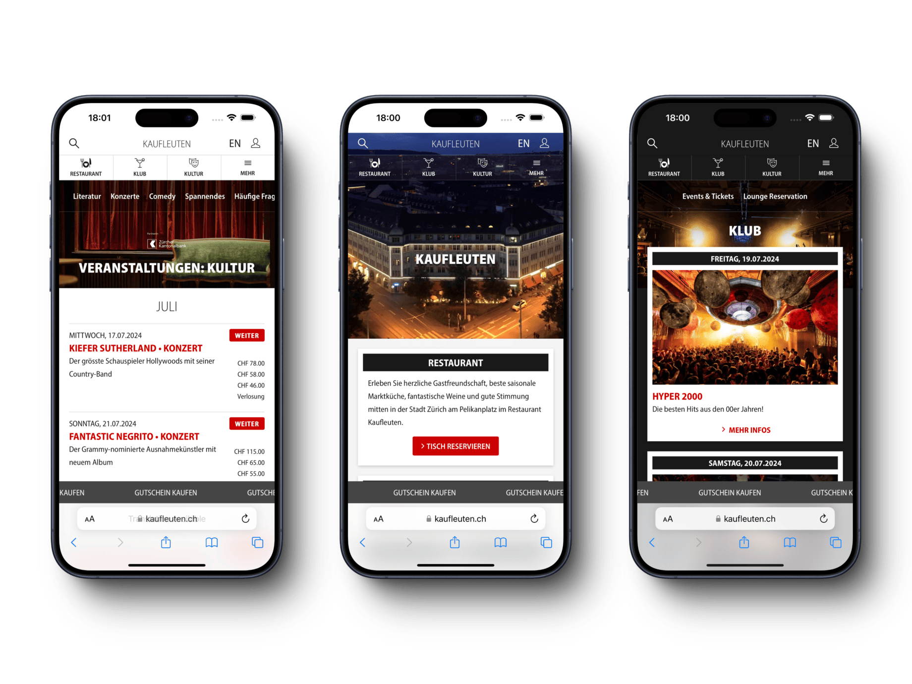 Drei Smartphones zeigen verschiedene Webseiten-Designs auf ihren Bildschirmen. Professionelle PHP-Entwicklung für alle Arten von Websites durch eine Webagentur.