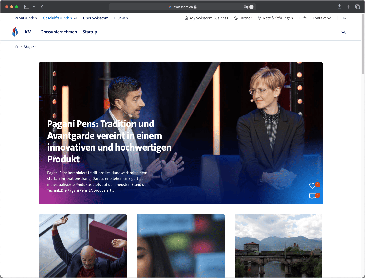 Screenshot der Swisscom-Website mit modernem Design, intuitiver Navigation und integrierten interaktiven Elementen.