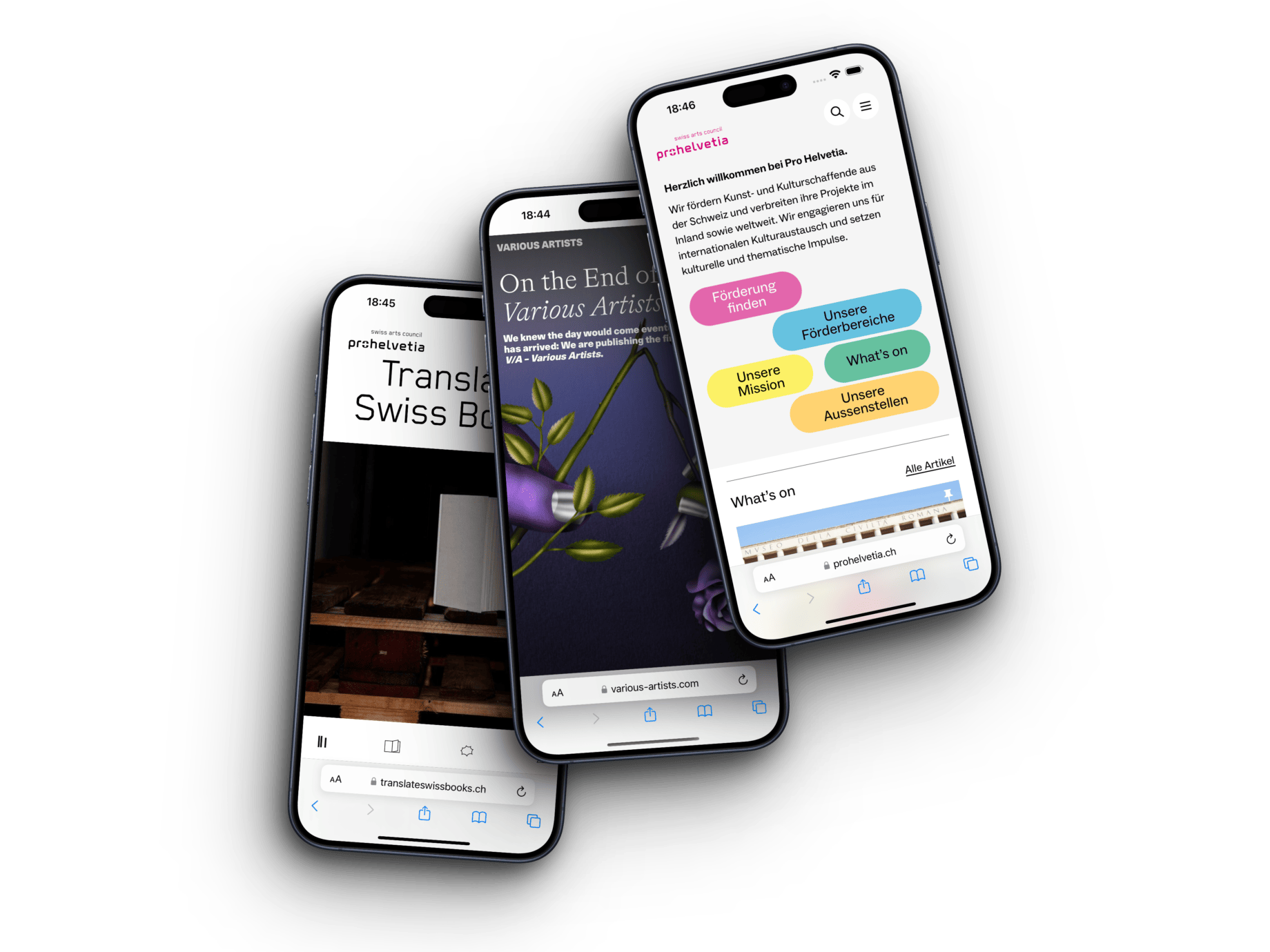 Umfassende Beratung zum Thema PHP-Entwicklung - Drei Smartphones mit verschiedenen Projekten für Pro Helvetia