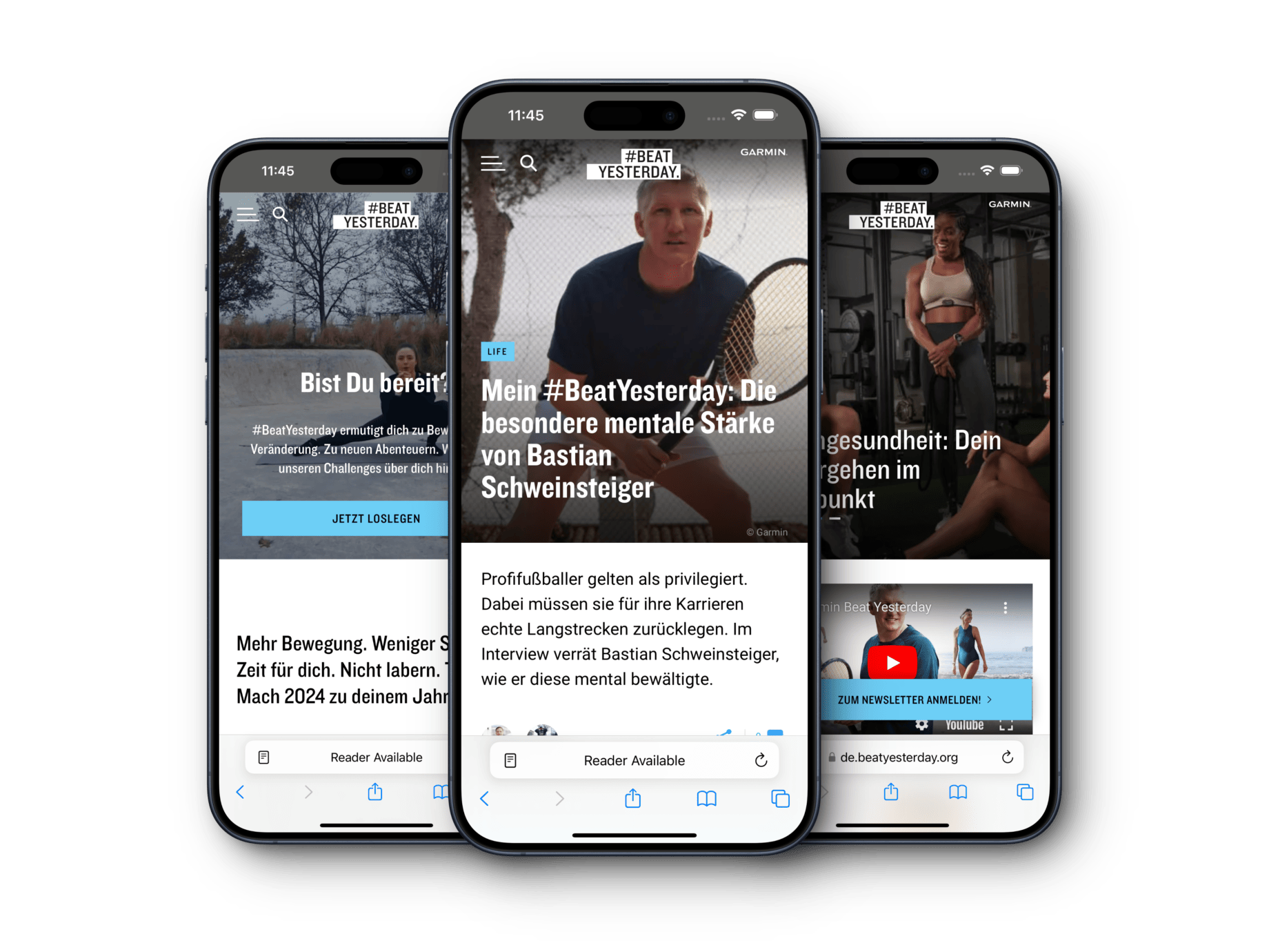 Drei Smartphones mit verschiedenen Fitness- und Motivationsinhalten, umgeben von einer roten gestrichelten Linie. Links ein Artikel mit dem Titel "Bist Du bereit?", in der Mitte ein Artikel mit Bastian Schweinsteiger und dem Titel "Mein #BeatYesterday: Die besondere mentale Stärke", rechts ein Artikel über Fitness mit dem Titel "Gesundheit: Dein Training im Mittelpunkt".