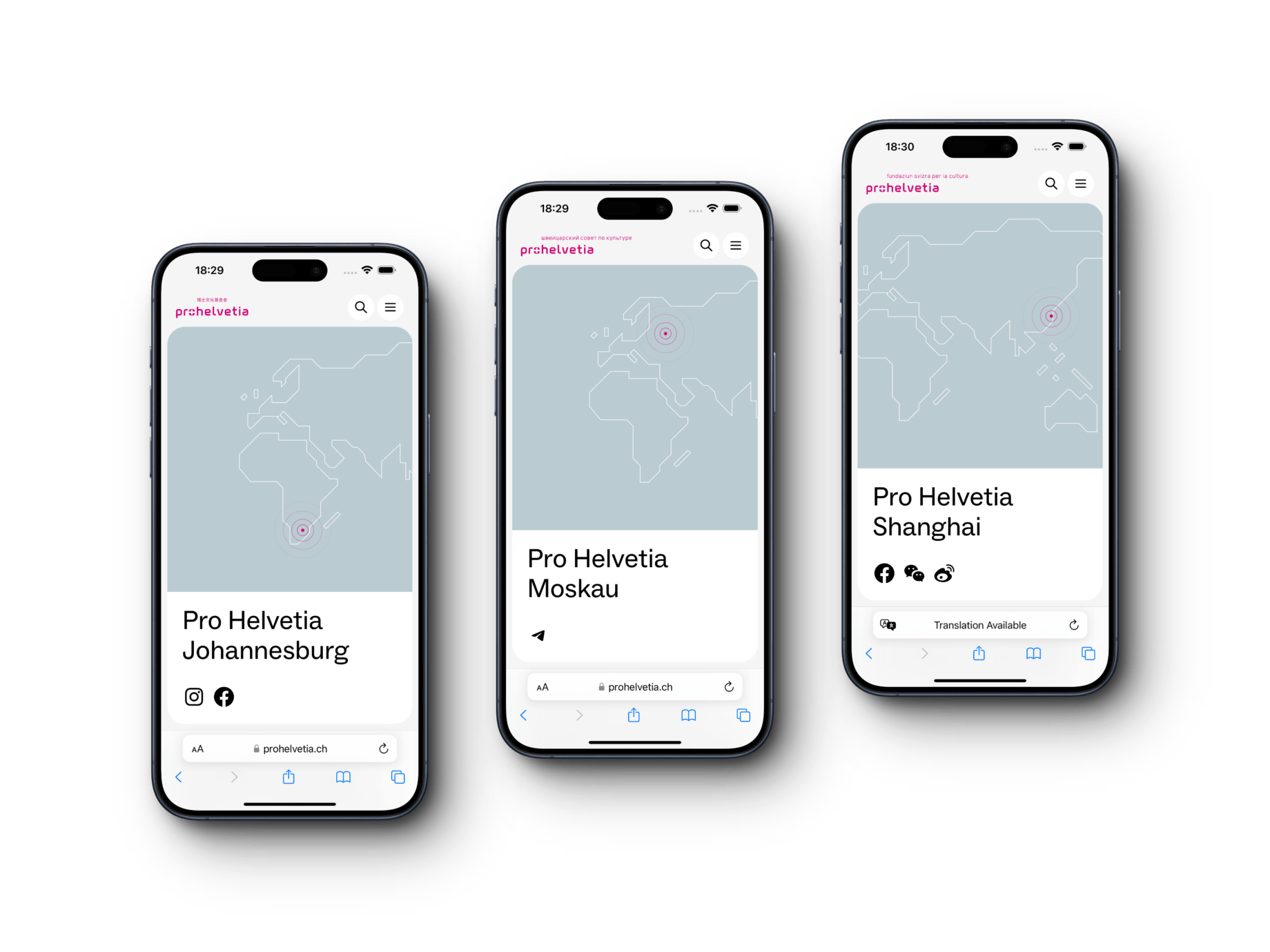 Screenshot der Pro Helvetia Webseite auf drei Smartphones, die die mehrsprachige Darstellung für Johannesburg, Moskau und Shanghai zeigt. Die Webseite wurde von einer Web- und Online-Marketing-Agentur auf WordPress Basis erstellt, um die Schweizer Kulturstiftung in 8 verschiedenen Ländern und Sprachen zu präsentieren.