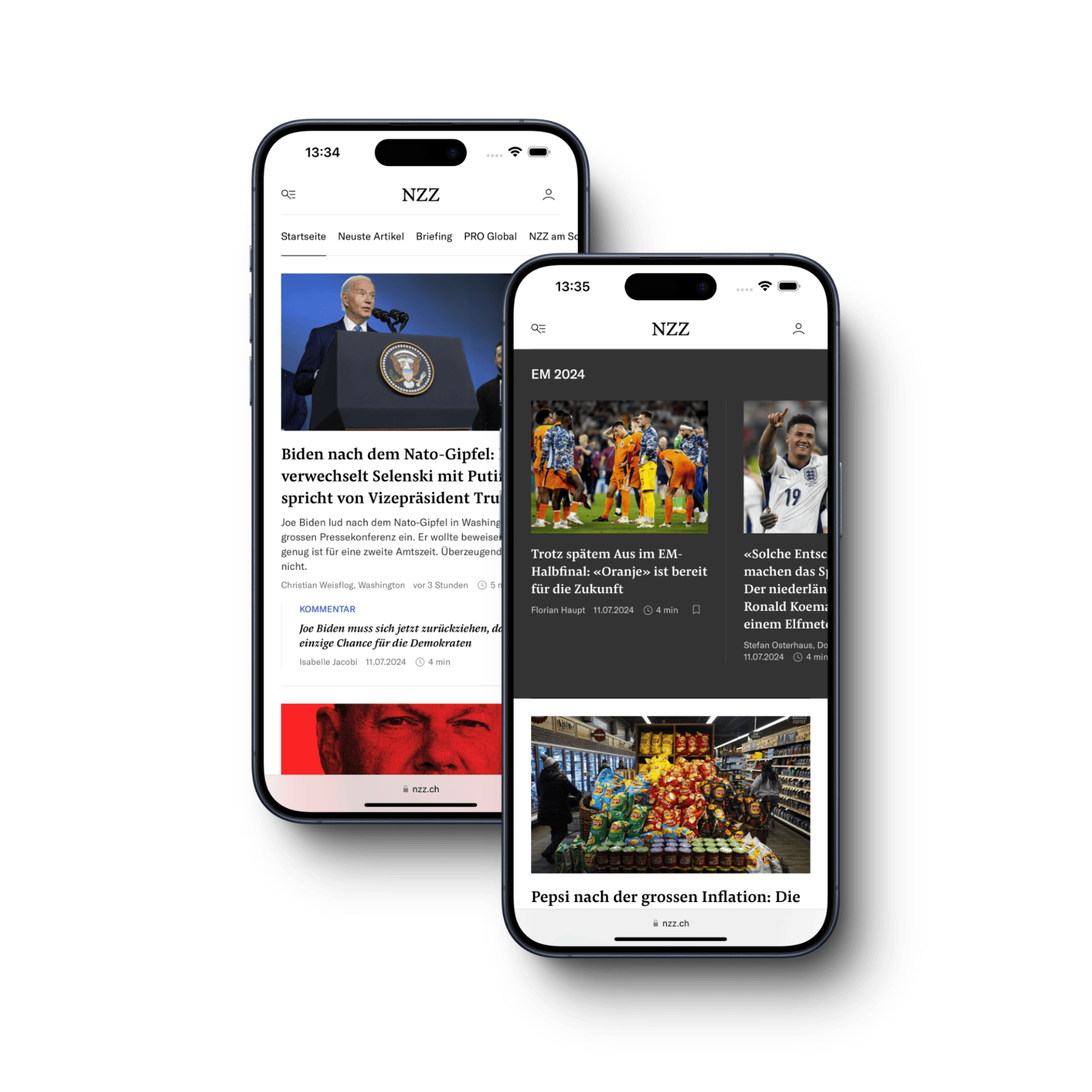 Bild zeigt das NZZ-Startseiten-Relaunch-Projekt, das von einer Webagentur in Zürich durchgeführt wurde. Zwei mobile Geräte zeigen die mobile Startseite der Neuen Zürcher Zeitung (NZZ) mit verschiedenen Nachrichten-Teasern und Artikeln. Der Text beschreibt die Modernisierung der NZZ-Startseite, die auf einem Mobile-First-Ansatz basiert, um eine bessere Nutzererfahrung zu bieten. Bullet Points heben die Projektphasen wie Research, Ideation Workshops, Mobile-First Prototyping und die Einführung neuer Teaser-Formate hervor.