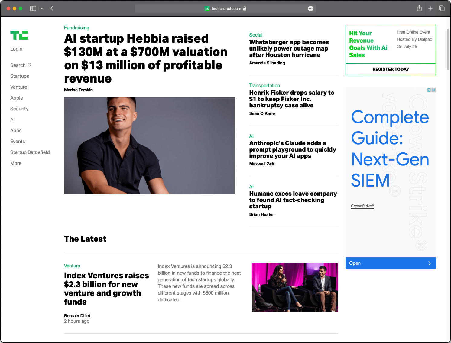 Screenshot der TechCrunch-Website mit klarer Struktur, modernem Design und integrierten multimedialen Inhalten.