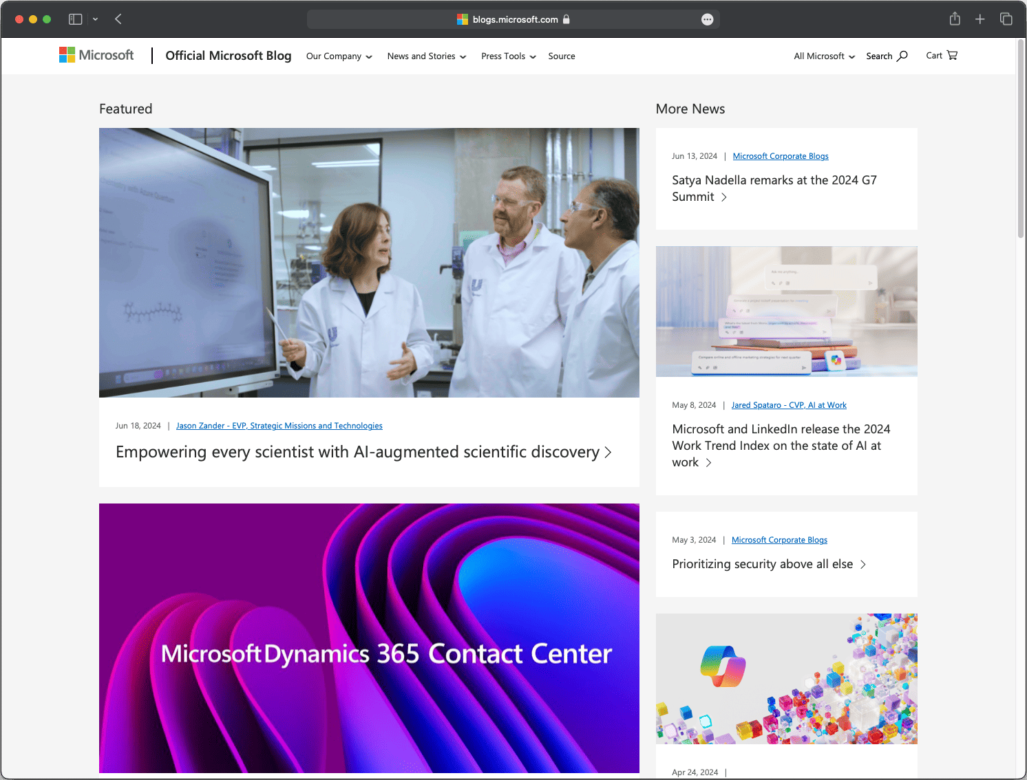 Screenshot des Microsoft Blogs mit modernem Design, klarer Struktur und integrierten multimedialen Inhalten.