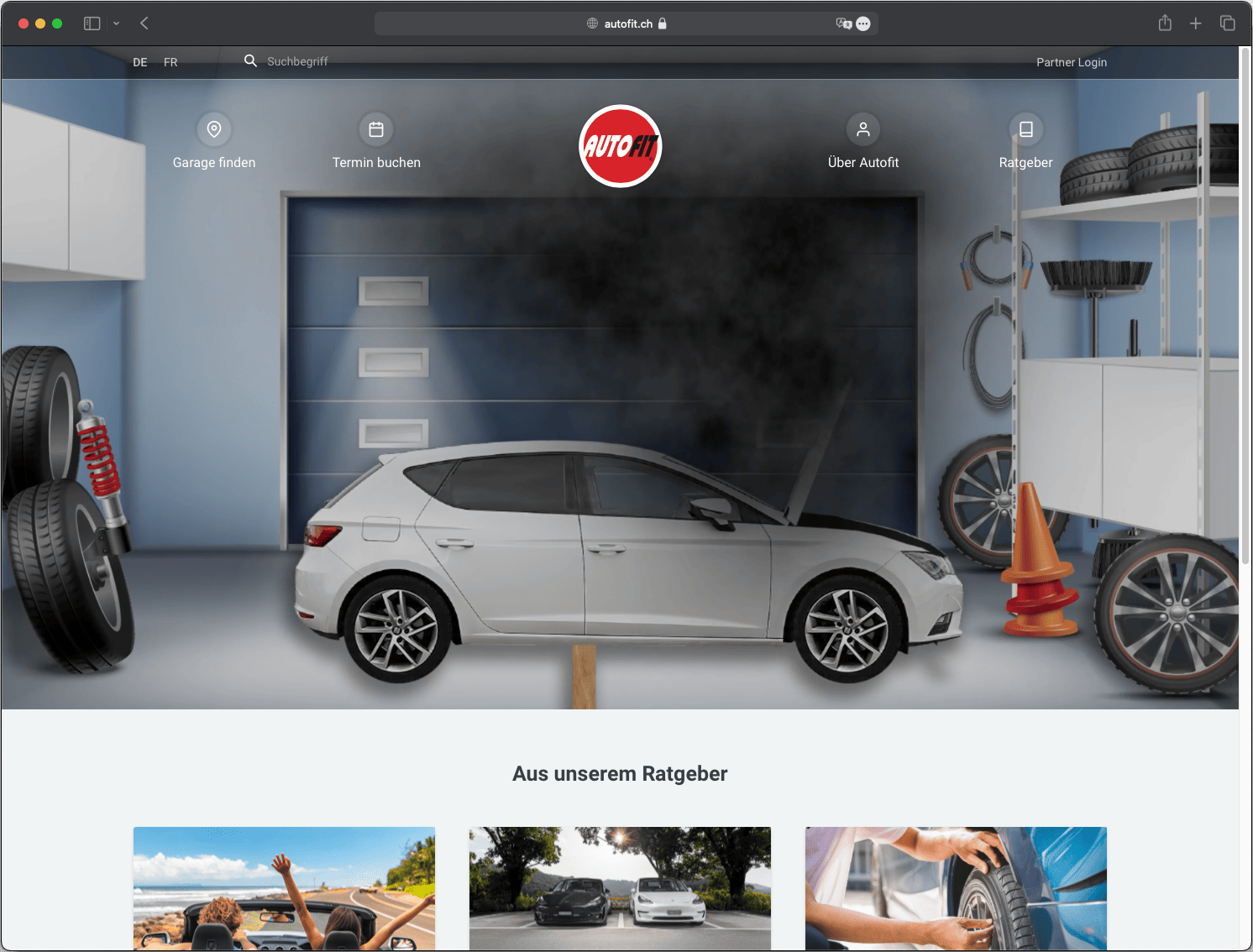 Screenshot der Autofit.ch-Website mit klarem Design, intuitiver Navigation und integrierten hochwertigen Bildern.