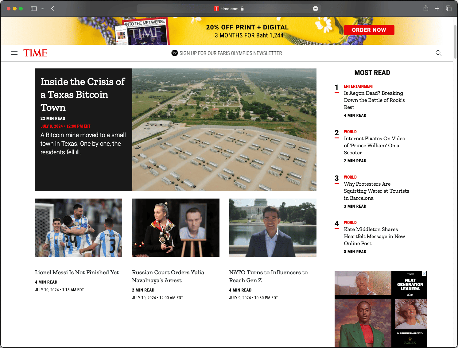 Screenshot der TIME Magazine-Website mit klarer Struktur und integrierten multimedialen Inhalten.