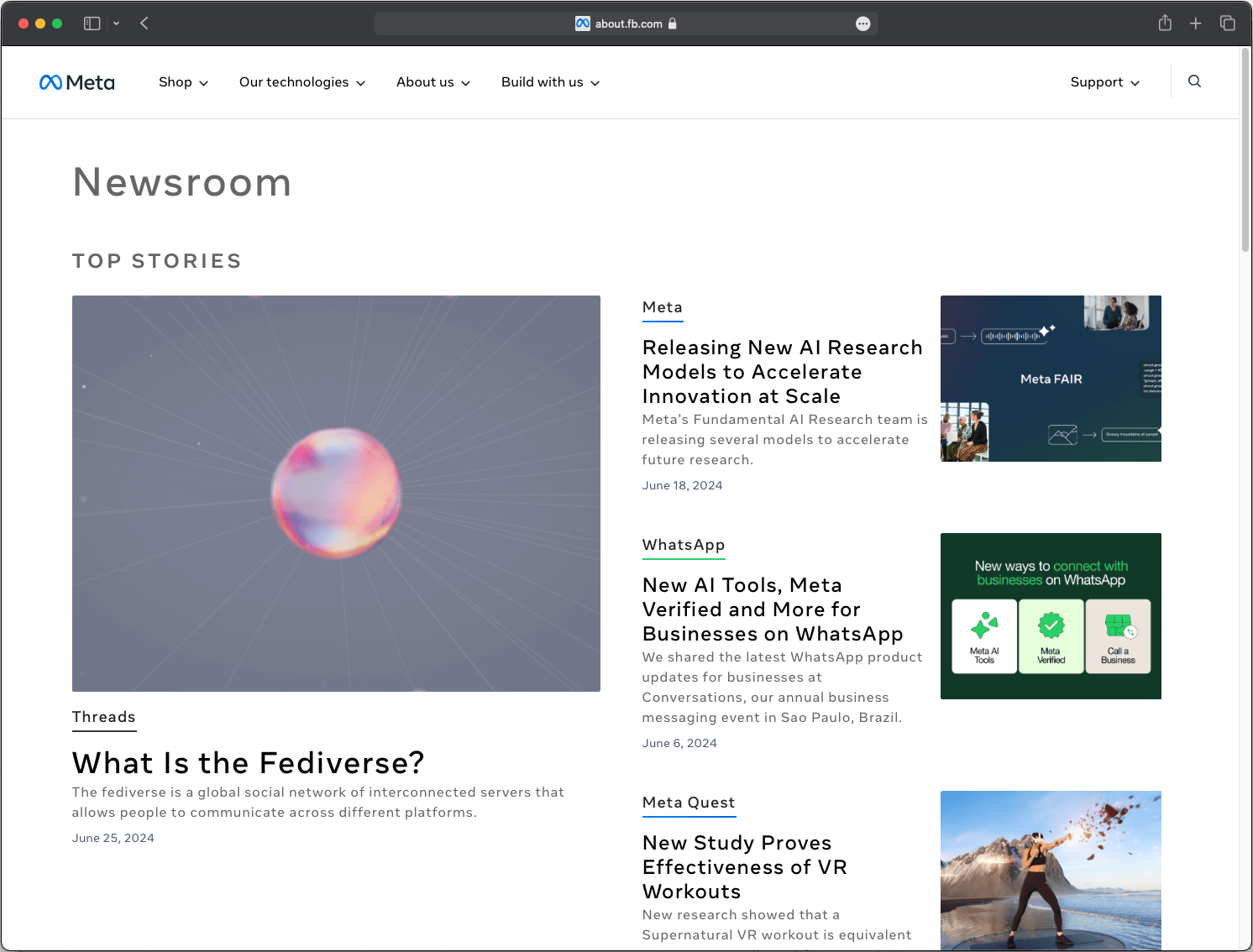 Screenshot des Meta Newsroom mit klarem Design, intuitiver Navigation und integrierten multimedialen Inhalten.
