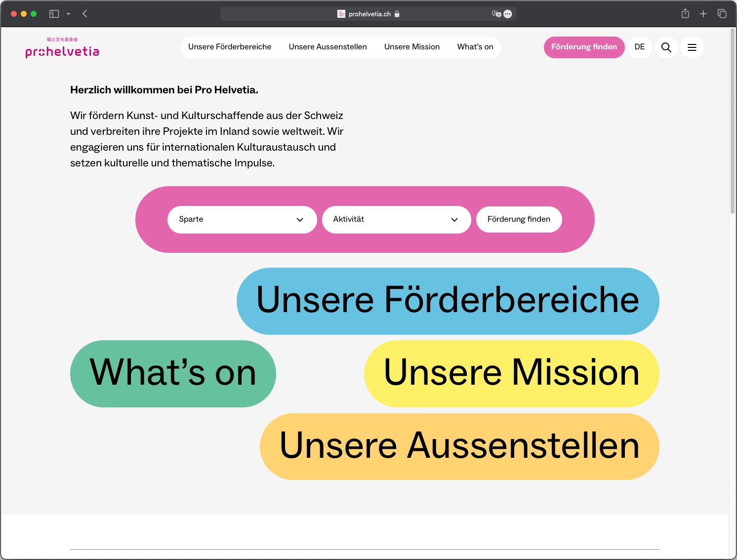 Screenshot der Pro Helvetia-Website mit modernem Design, übersichtlicher Struktur und integrierten multimedialen Inhalten.