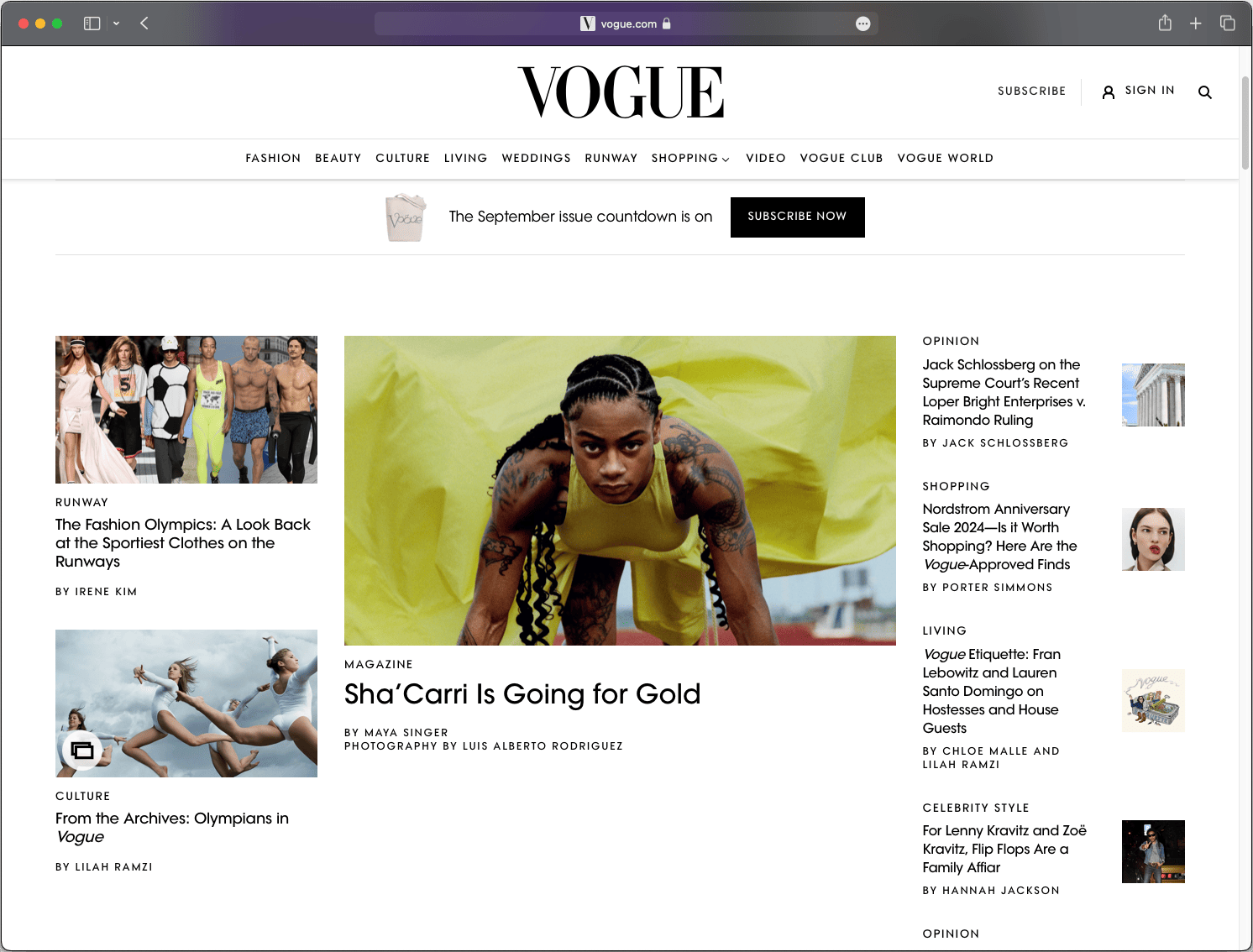 Screenshot der Vogue-Website mit elegantem Design, klarer Struktur und integrierten multimedialen Inhalten.