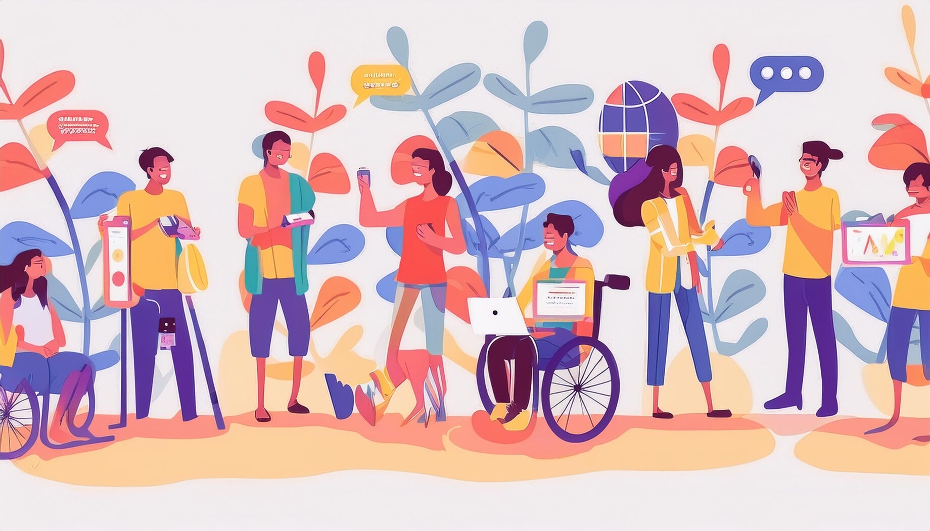 Illustration von Menschen mit verschiedenen Behinderungen, die barrierefreie digitale Inhalte nutzen, um größere Zielgruppen zu erreichen.