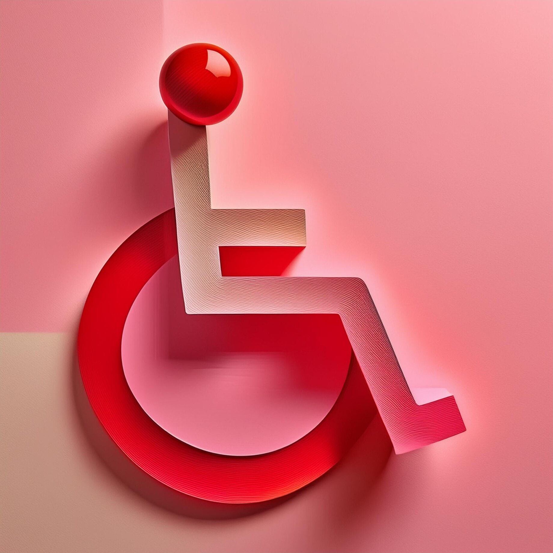 Rotes Symbol für Barrierefreiheit vor einem rosa Hintergrund, das die Bedeutung von barrierefreiem Website-Design hervorhebt.