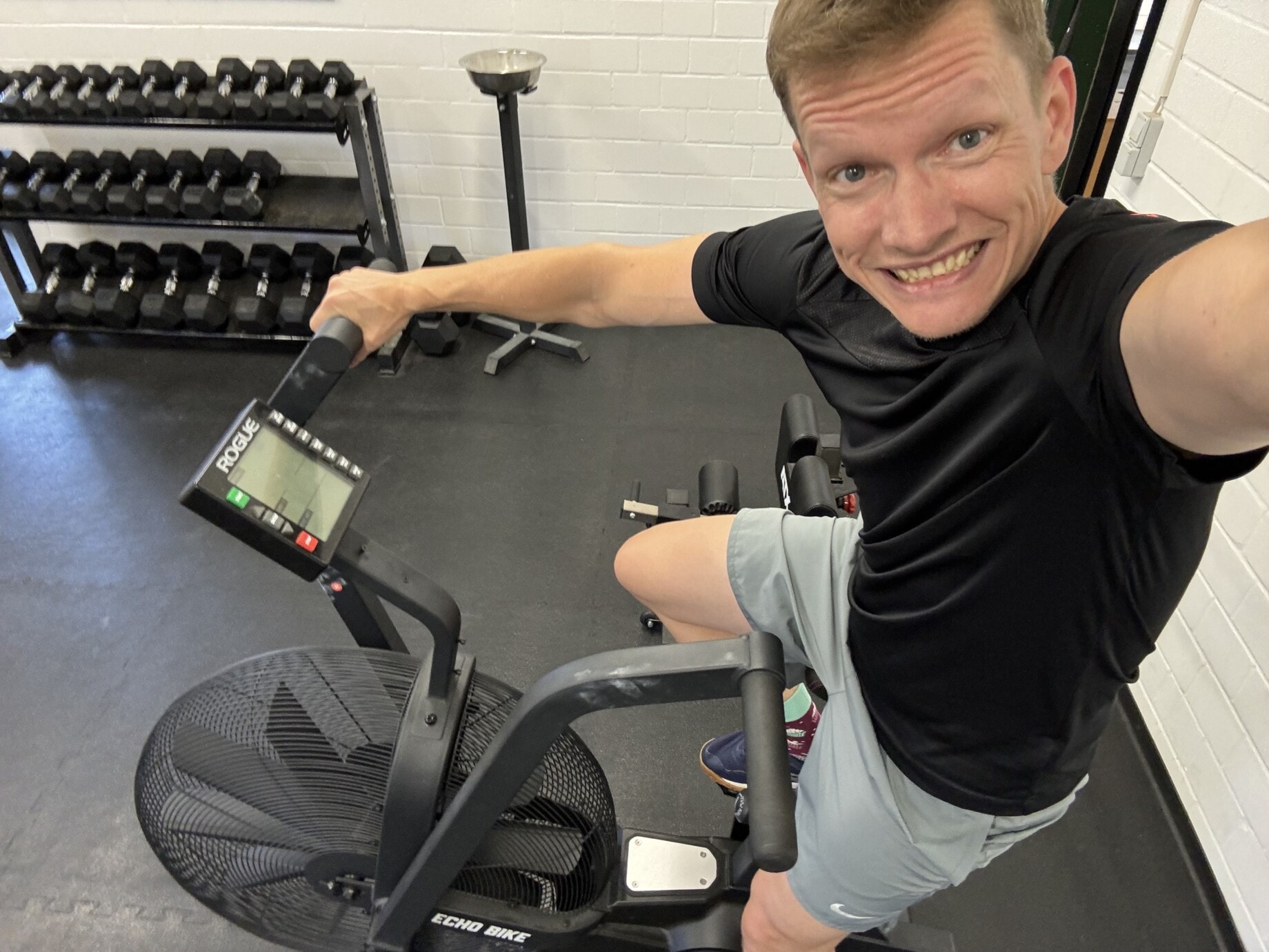 Paschi on the home trainer in the gym.