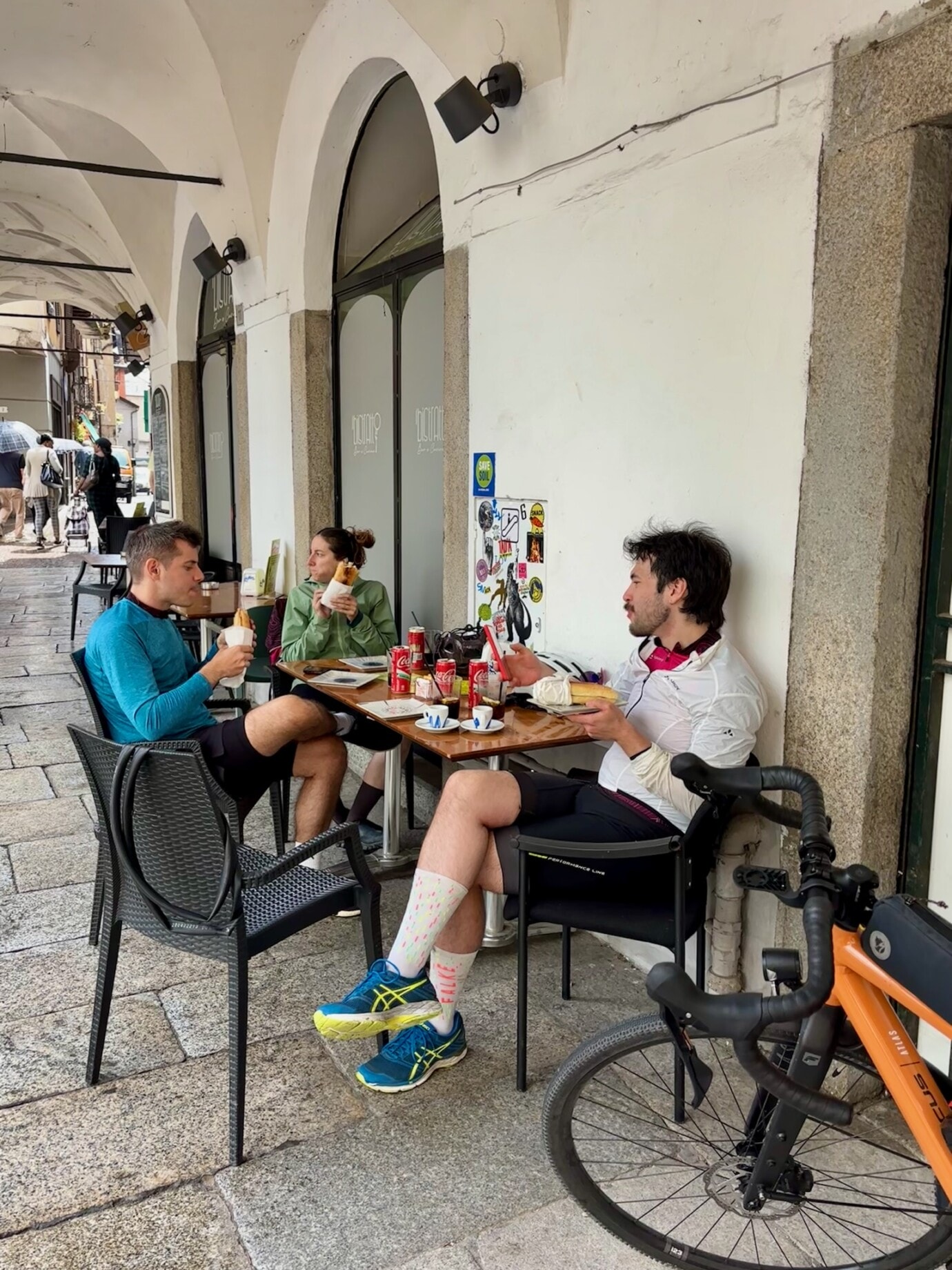 Lunch break for the cycling team.