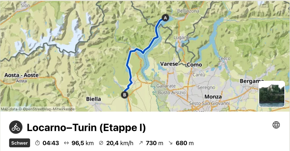 Komoot-Screenshot der ersten Etappe: 96.5 km von Locarno nach Gattinara.