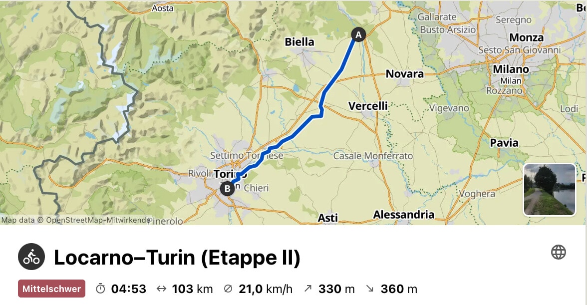 Komoot screenshot of the second stage: 103km from Gattinara to Turin.