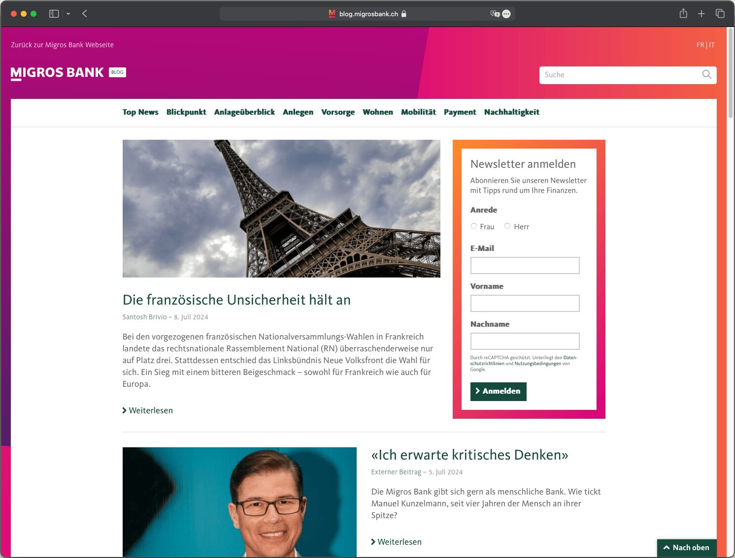 Screenshot der Migros Bank-Website mit modernem Design, übersichtlicher Struktur und integrierten interaktiven Funktionen.