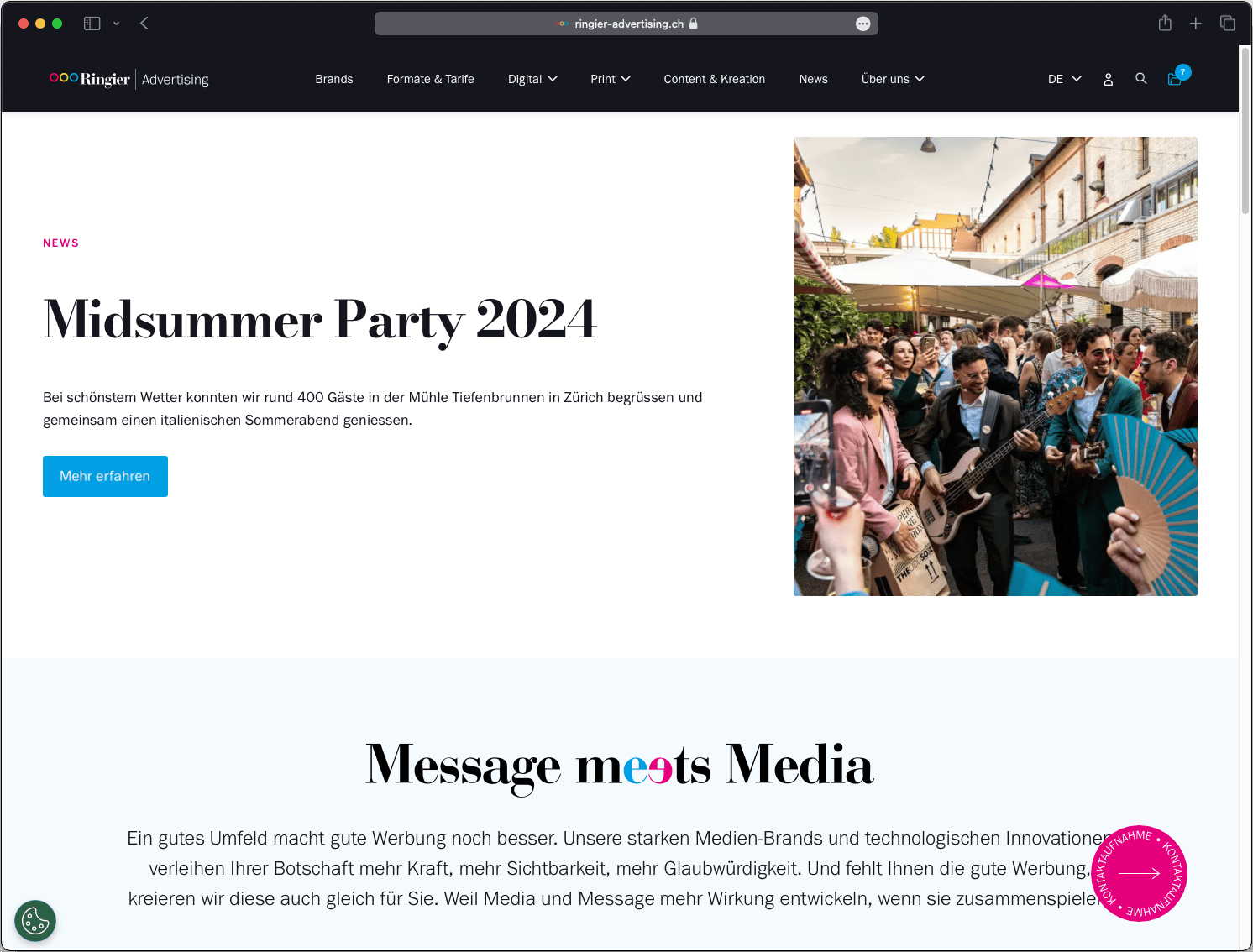 Screenshot der Ringier Advertising-Website mit modernem Design, klarer Struktur und integrierten Medien.