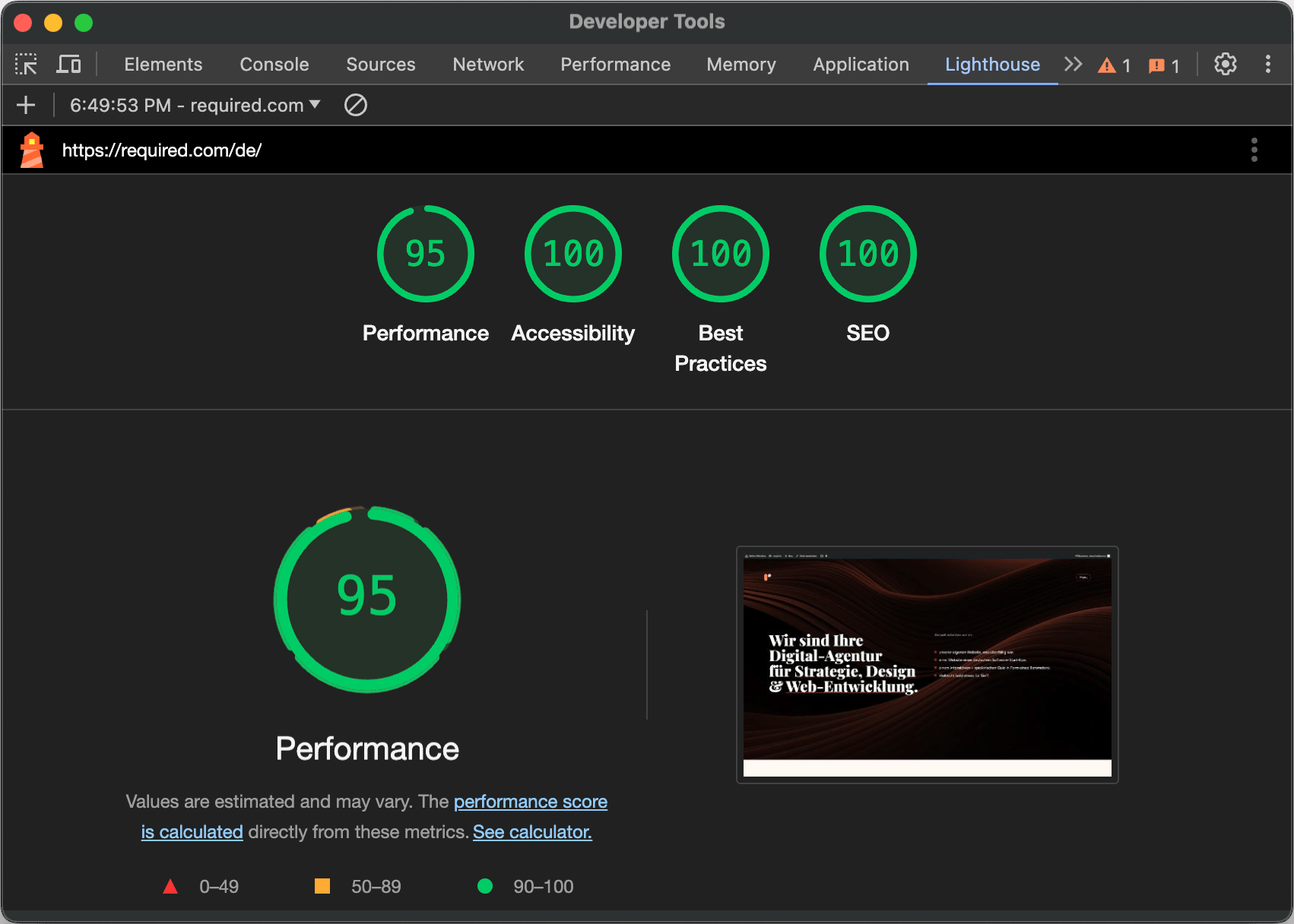 Lighthouse Ergebnis von required.com für Desktop Endgeräte