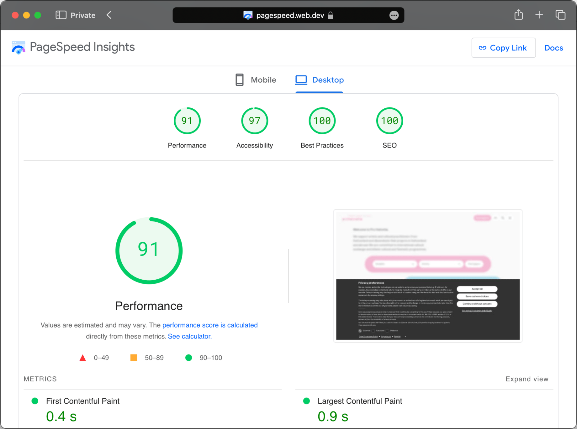 Google PageSpeed Insight Eregbnis unseres Kundenprojekts prohelvetia.ch