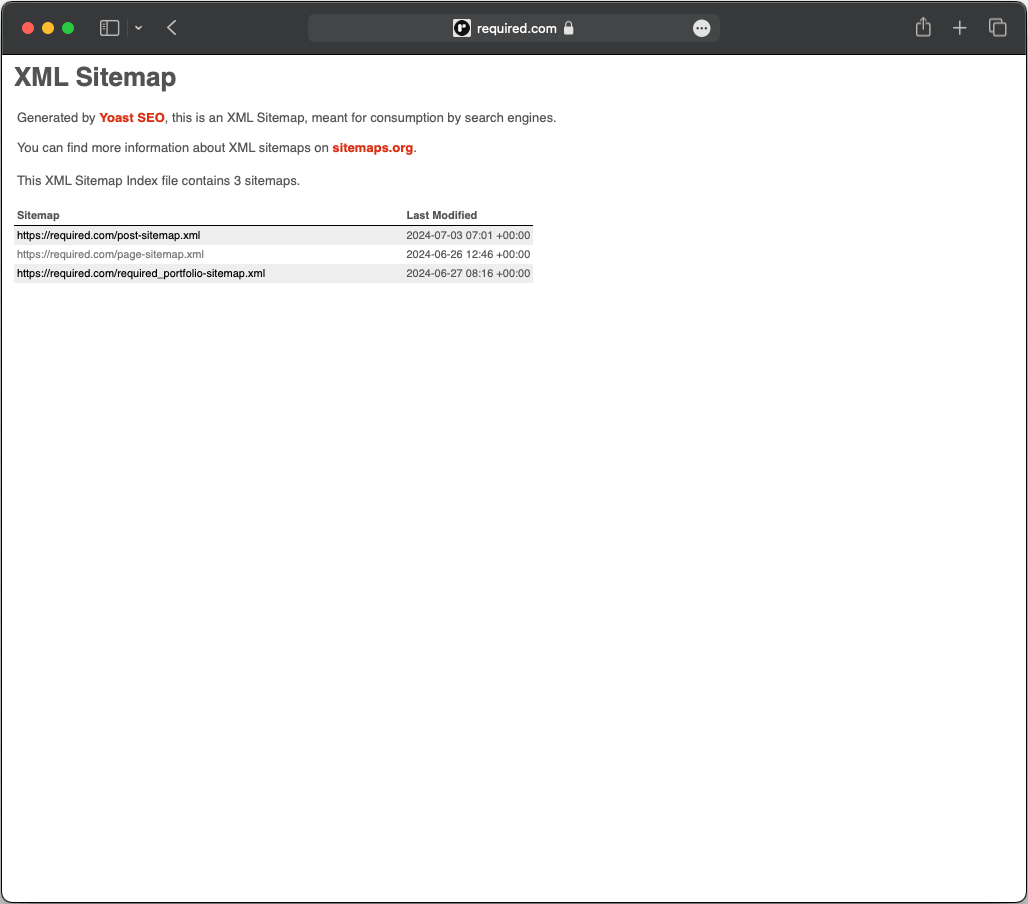 Beispiel für die Sitemap von required.com