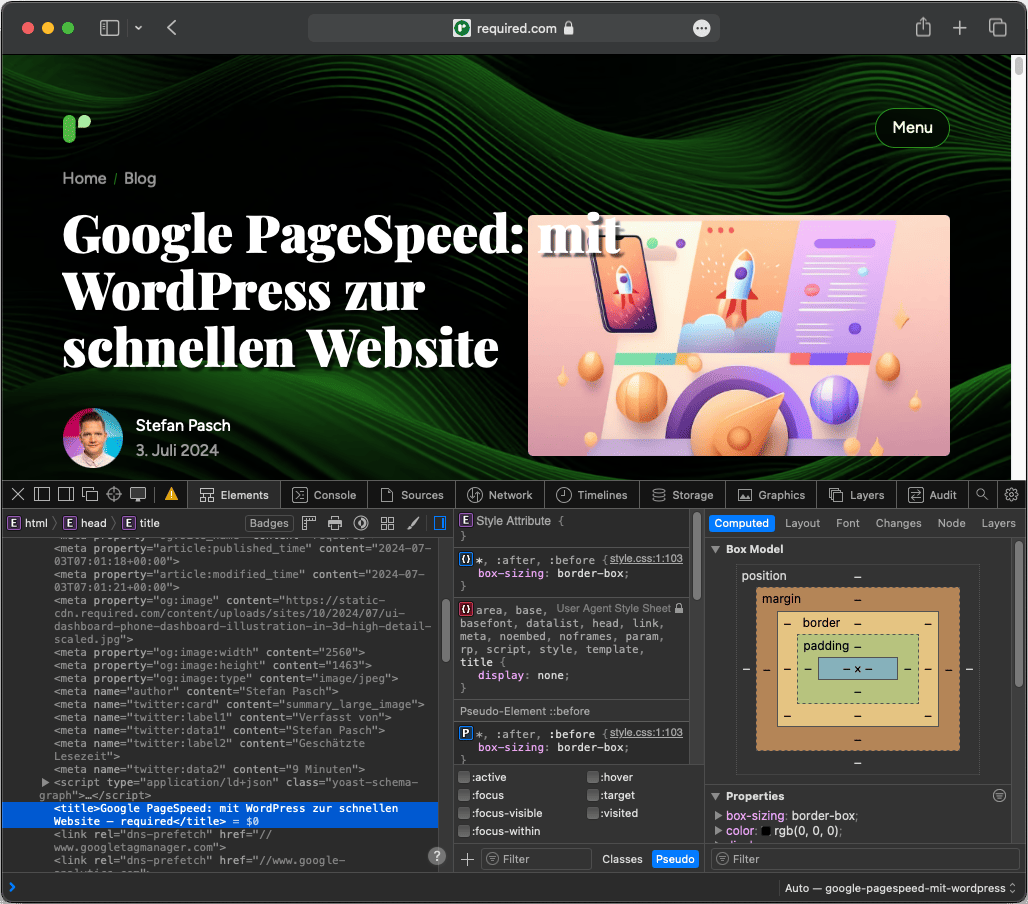 Beispiel für den Title Tag und die h1 bei einem Blogpost von required.com