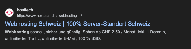Beispiel für Meta-Description von hosttech.ch