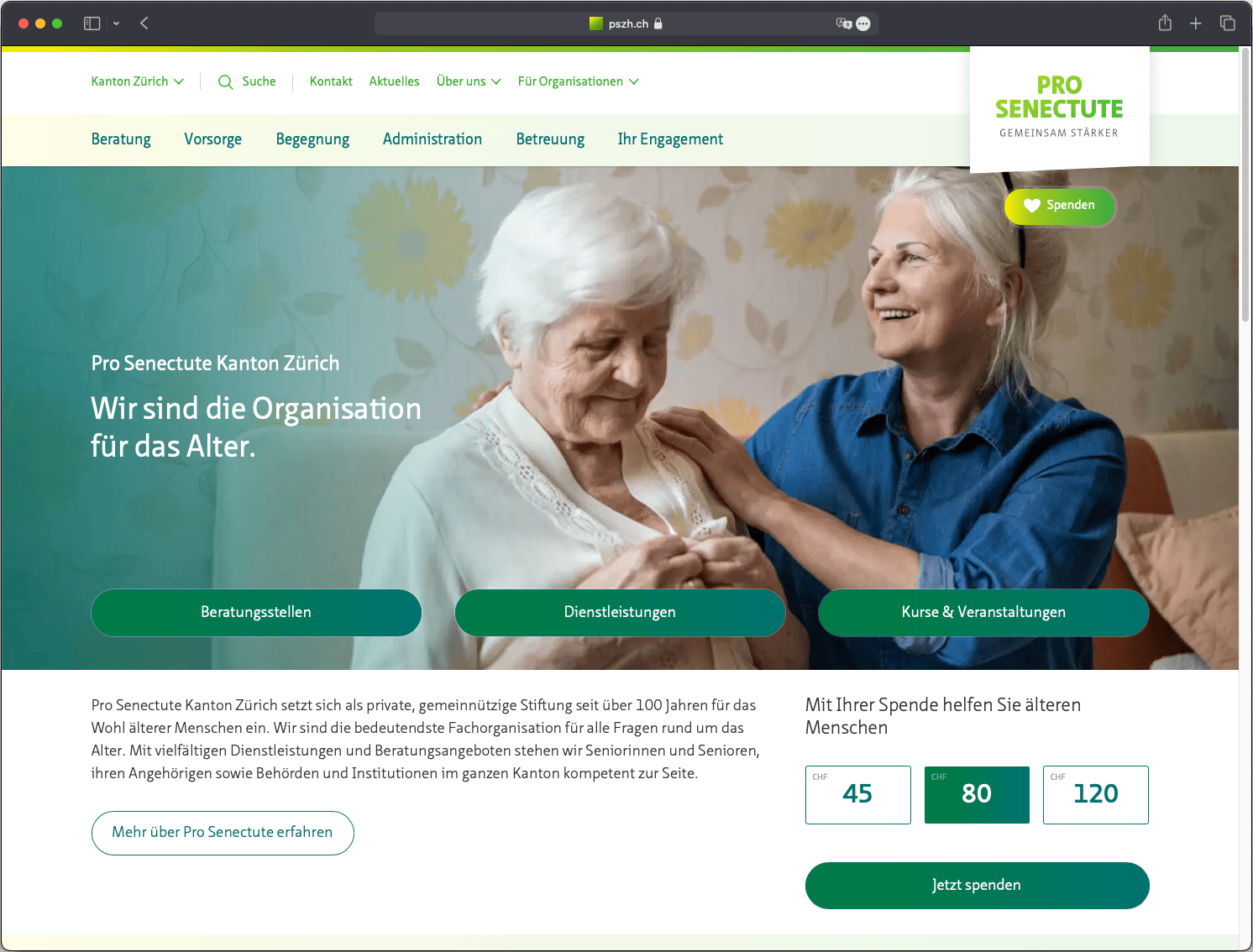 Screenshot der Pro Senectute-Website mit modernem Design, übersichtlicher Struktur und integrierten multimedialen Inhalten.