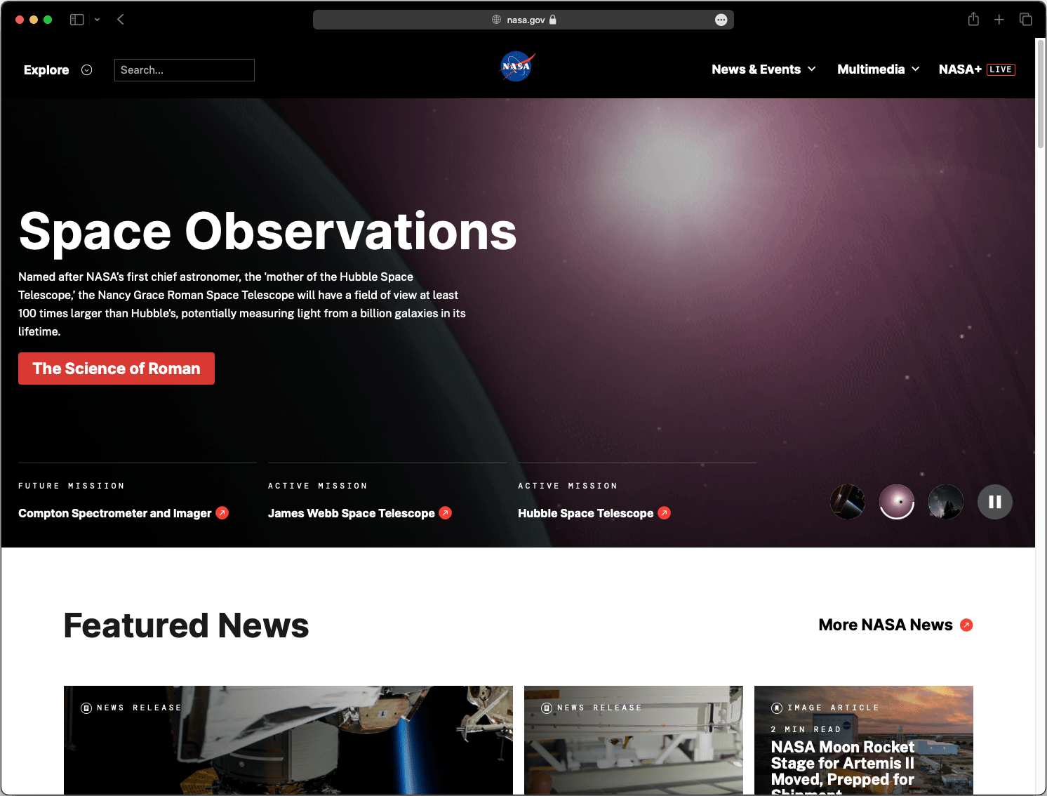 Screenshot der NASA-Website mit dem Titel "Space Observations" und Informationen zu aktuellen und zukünftigen Weltraummissionen.