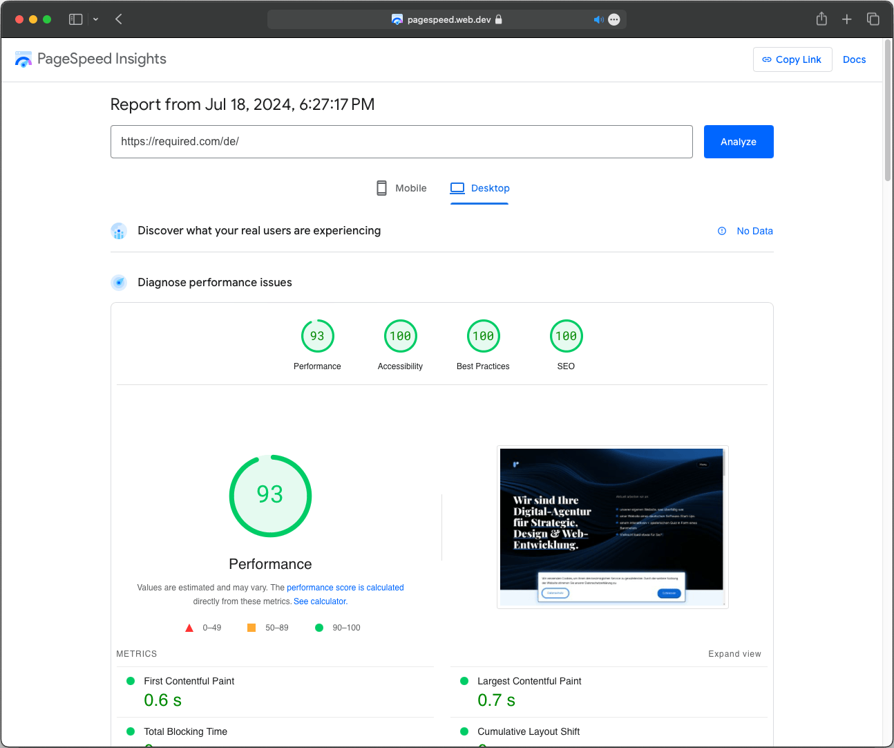 Google PageSpeed Insight Resultat von required.com mit 100 Punkten bei Accessibility