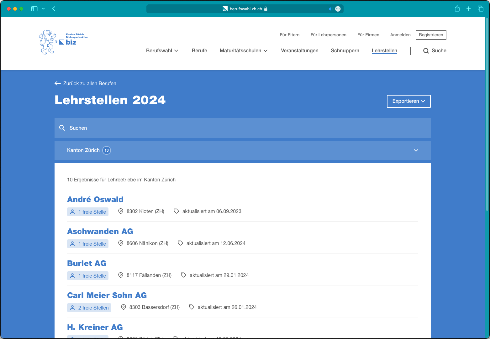 Screenshot eines Berufswahl-Portals für Jugendliche im Kanton Zürich, gestaltet von unserer Webagentur mit klarem UI-/UX-Design für optimale Benutzerfreundlichkeit.