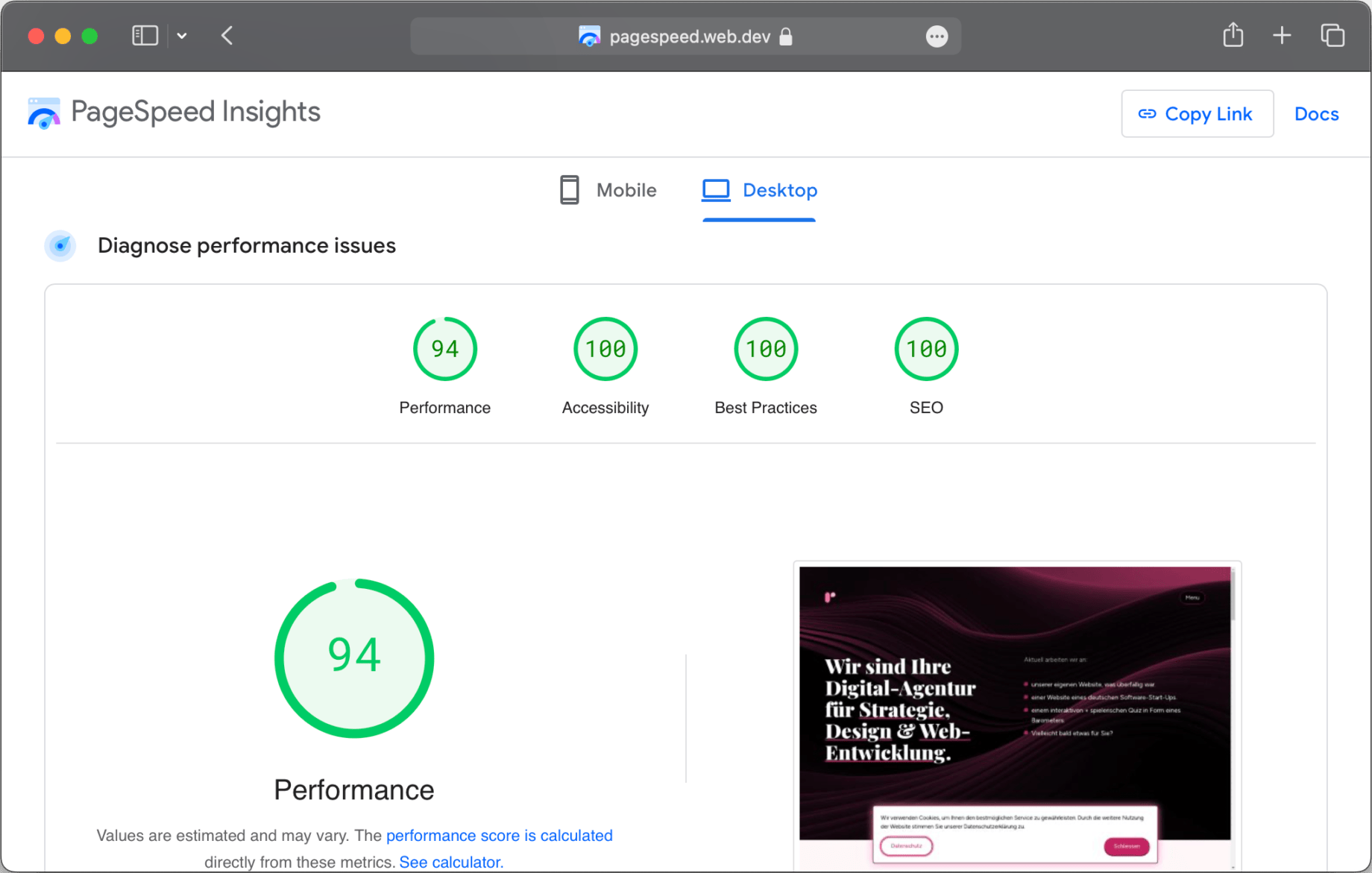 Google PageSpeed Insights Besipiel für required.com Webseite