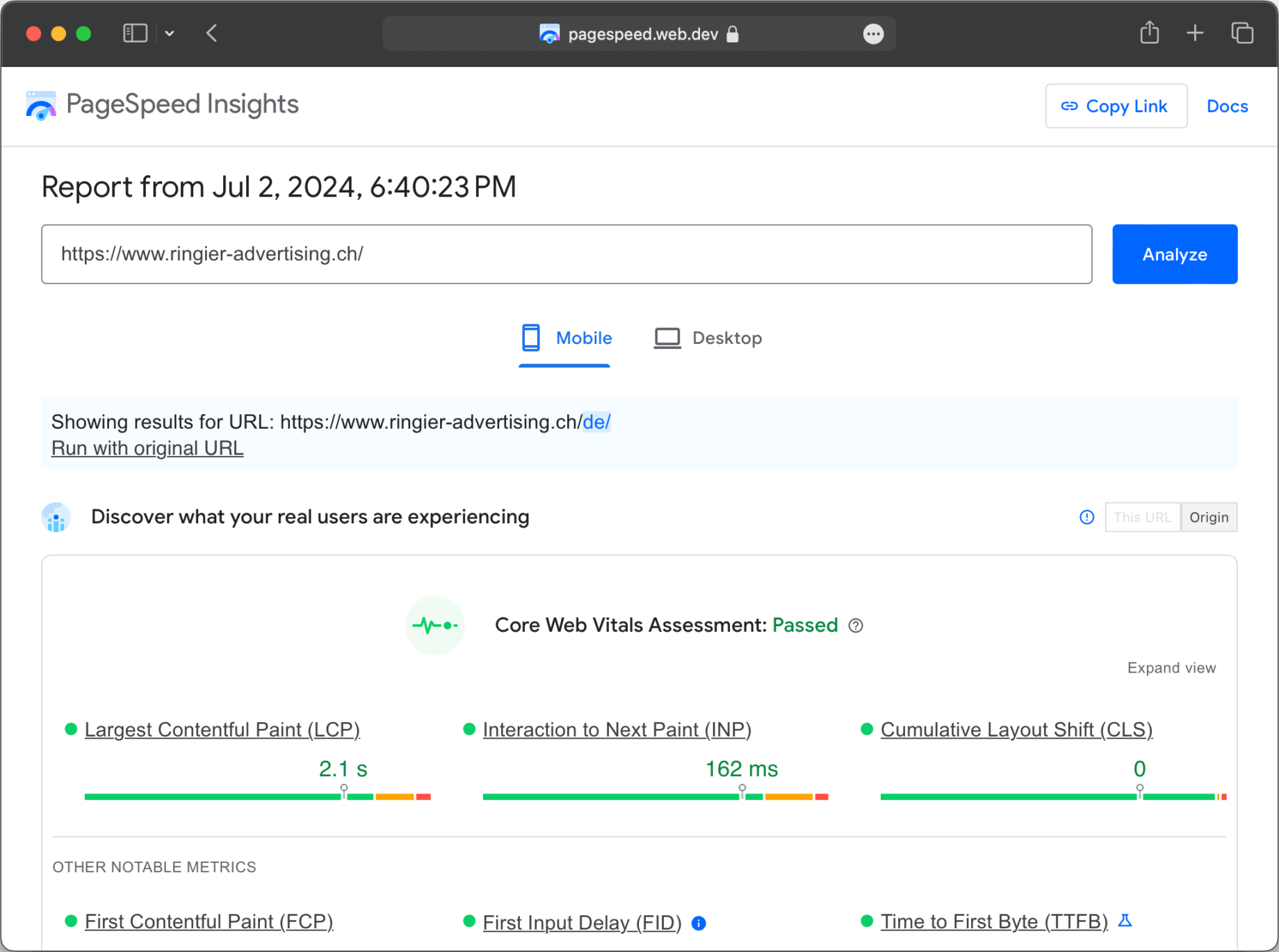 PageSpeed Insights Ergebnis unseres Kunden Ringier Advertising mit positiven Core Web Vitals