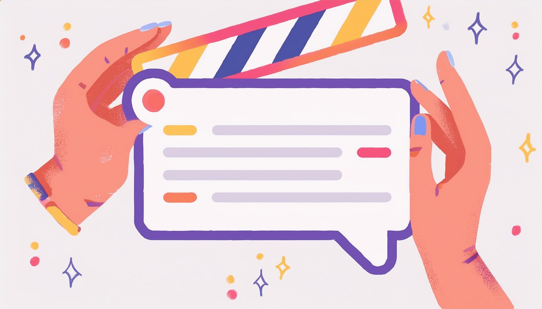 Illustration von Händen, die eine Sprechblase und eine Filmklappe halten, betont die Wichtigkeit von Untertiteln und Audio-Transkripten bei Medieninhalten für Barrierefreiheit.