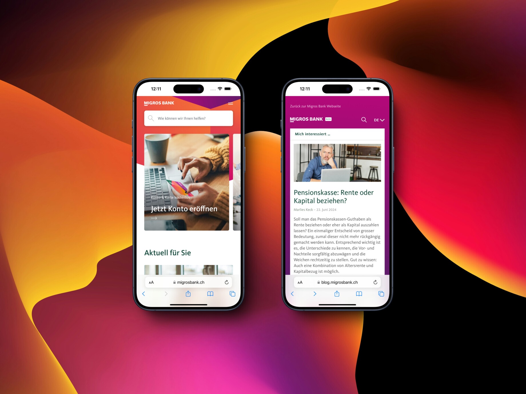 Zwei Smartphones zeigen modernes Webdesign für WordPress - Migros Bank Webseiten
