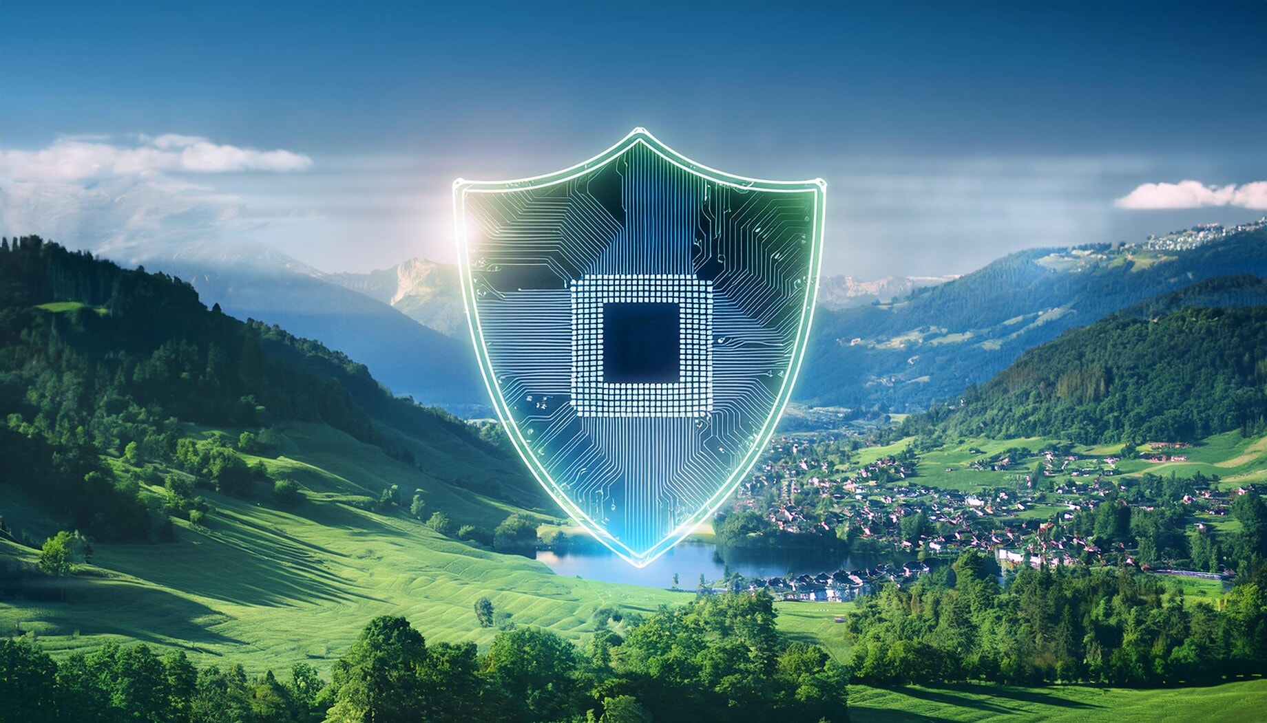 Schutzschild über Schweizer Landschaft symbolisiert Datenschutz nach revDSG