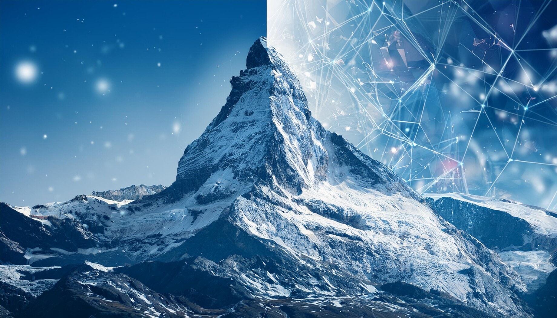 Bergspitze mit digitalem Netzwerk, symbolisiert die Umsetzung des revDSG auf einer Website.