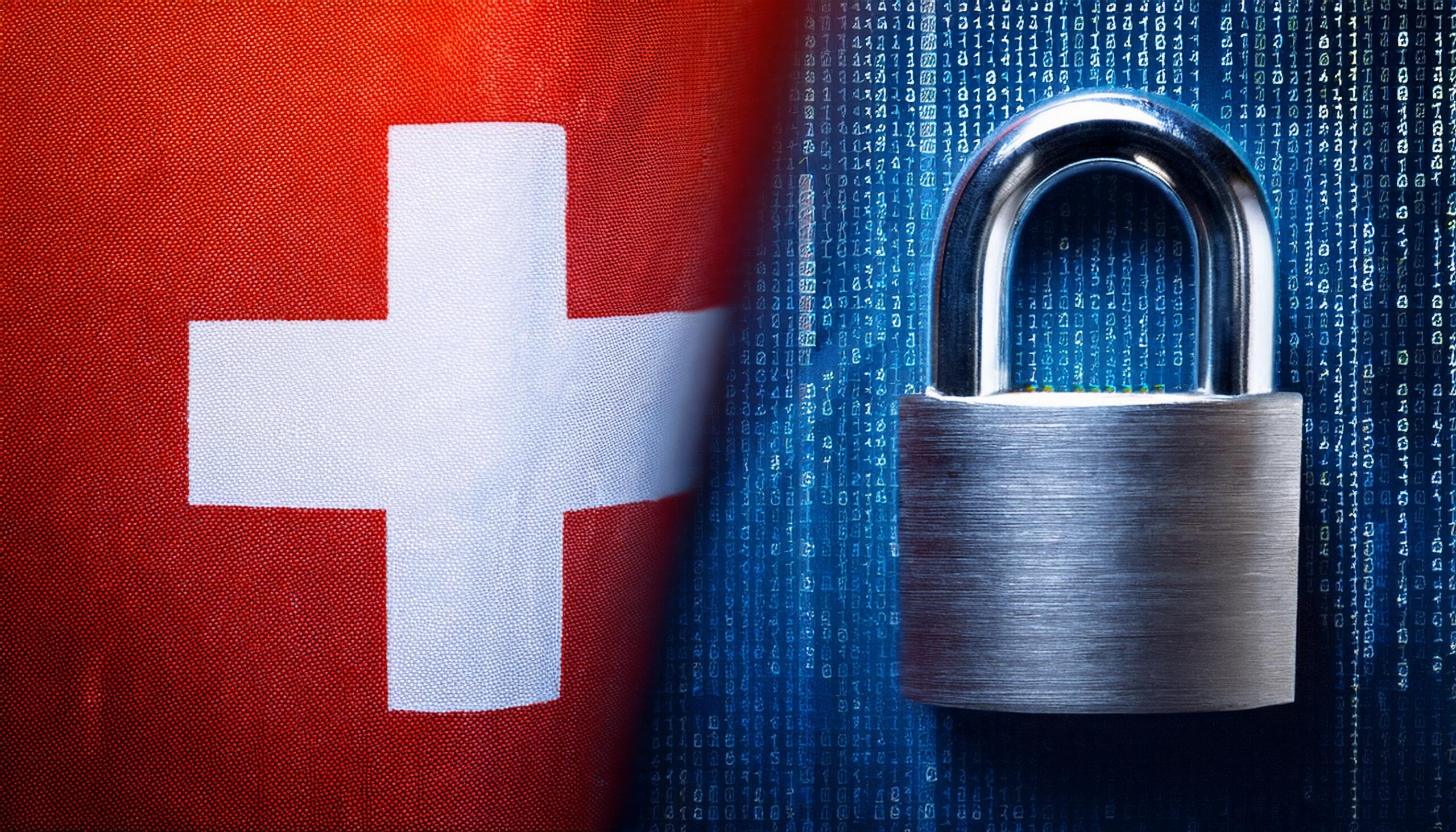 Schweizer Flagge und Vorhängeschloss symbolisieren das neue Datenschutzgesetz revDSG ab 1. September 2023.