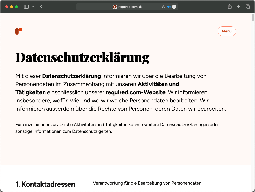 Screenshot der Datenschutzerklärung auf der required.com-Website