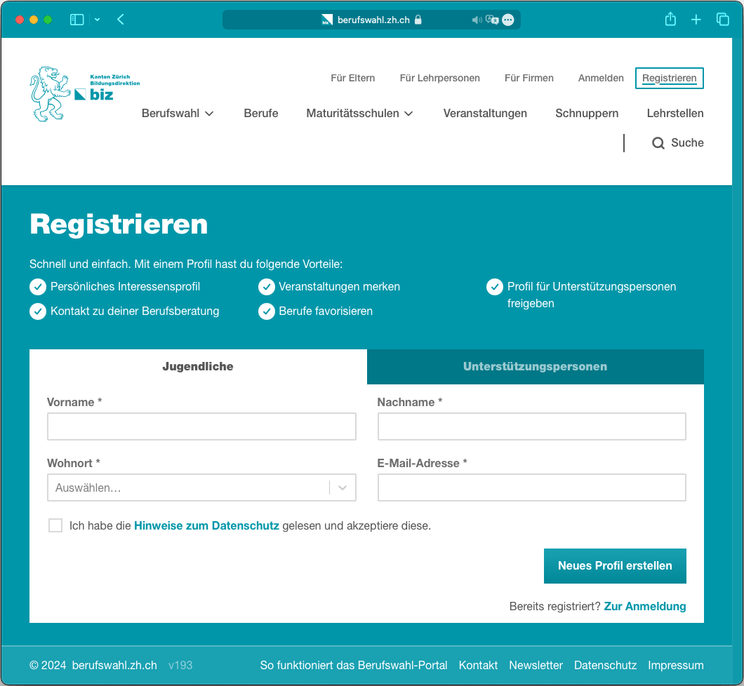 Formular zur Registrierung mit Erlaubnis zur Datenverarbeitung auf berufswahl.zh.ch