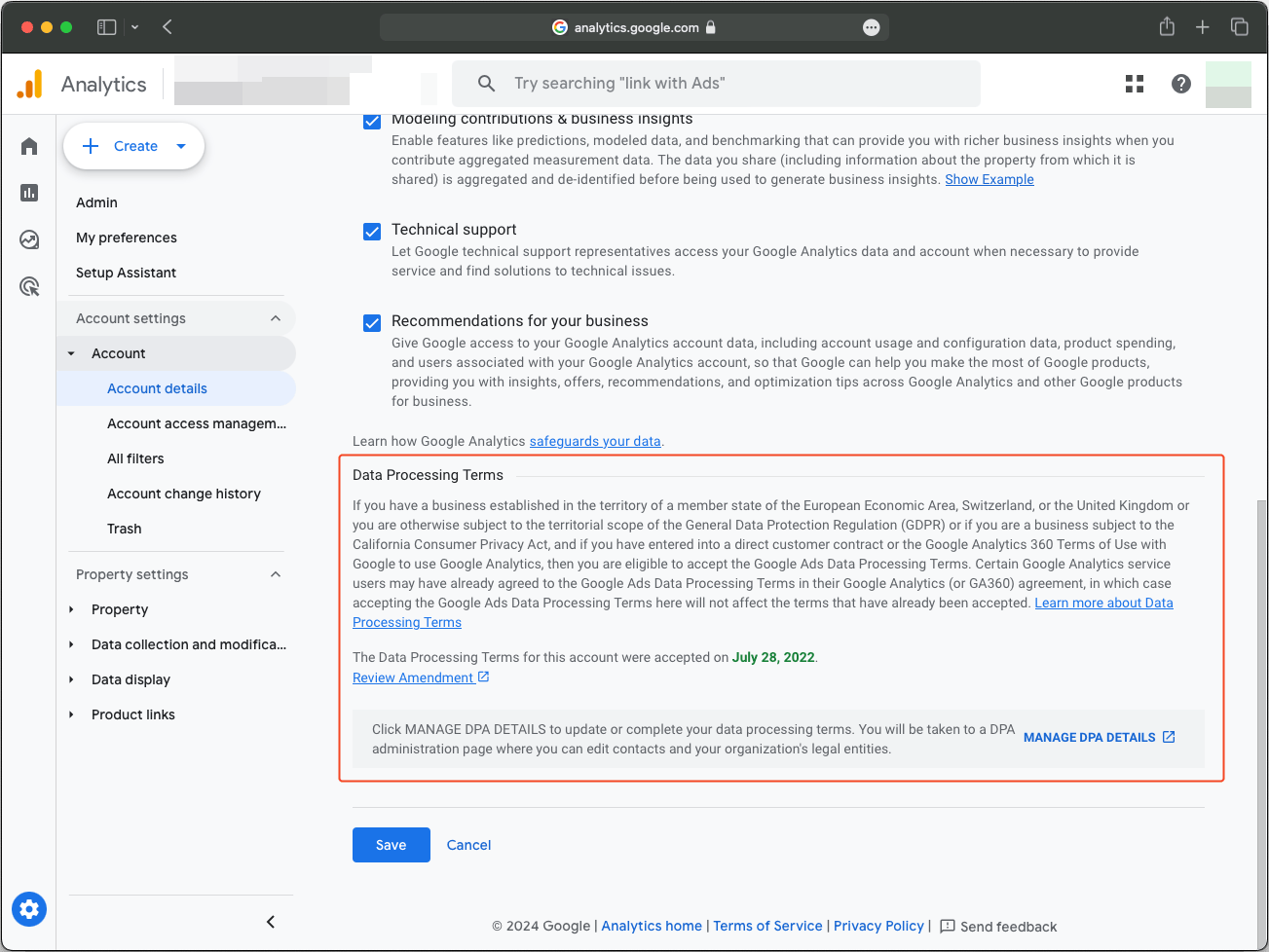Screenshot von Google Analytics-Einstellungen zur Datenverarbeitung und DSGVO-Konformität.