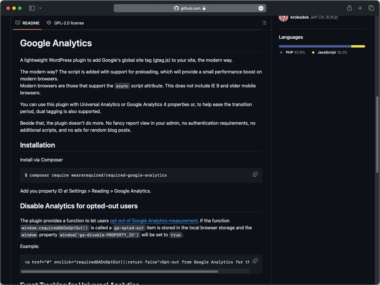Screenshot eines GitHub-Repositories für ein leichtgewichtiges WordPress-Plugin zur Integration von Google Analytics, um DSGVO-Anforderungen zu erfüllen.