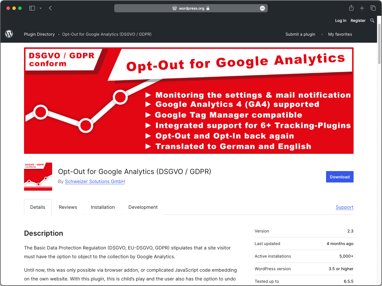 Screenshot des WordPress Plugins "Opt-Out for Google Analytics" (DSGVO / GDPR) von Schweizer Solutions GmbH. Das Plugin unterstützt Google Analytics 4 (GA4) und Google Tag Manager, bietet Opt-Out und Opt-In Funktionen und ist auf Deutsch und Englisch verfügbar.