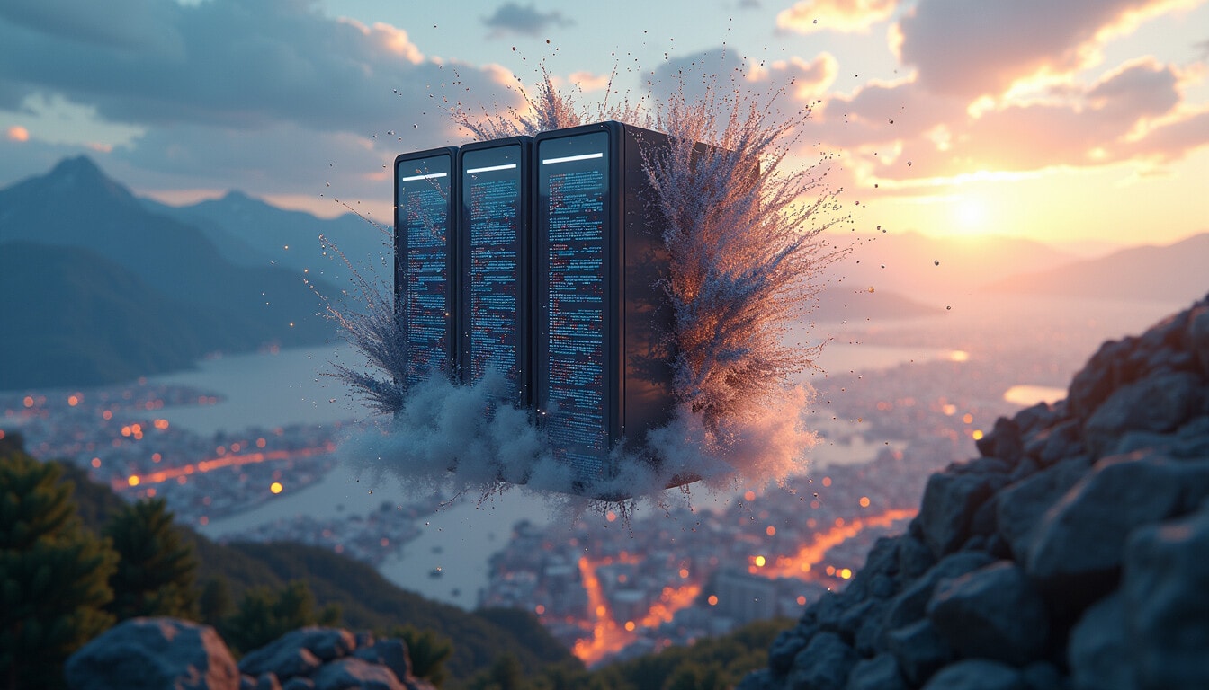 Moderne IT-Infrastruktur mit Servern in Berglandschaft bei Sonnenuntergang