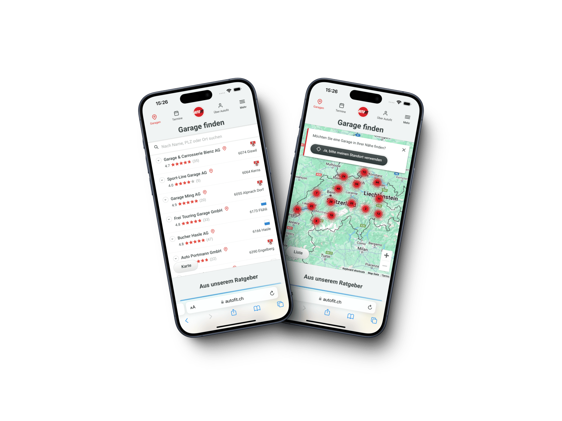 Zwei Smartphones zeigen eine Web-App zur Garagensuche mit Kartenansicht und detaillierten Informationen.