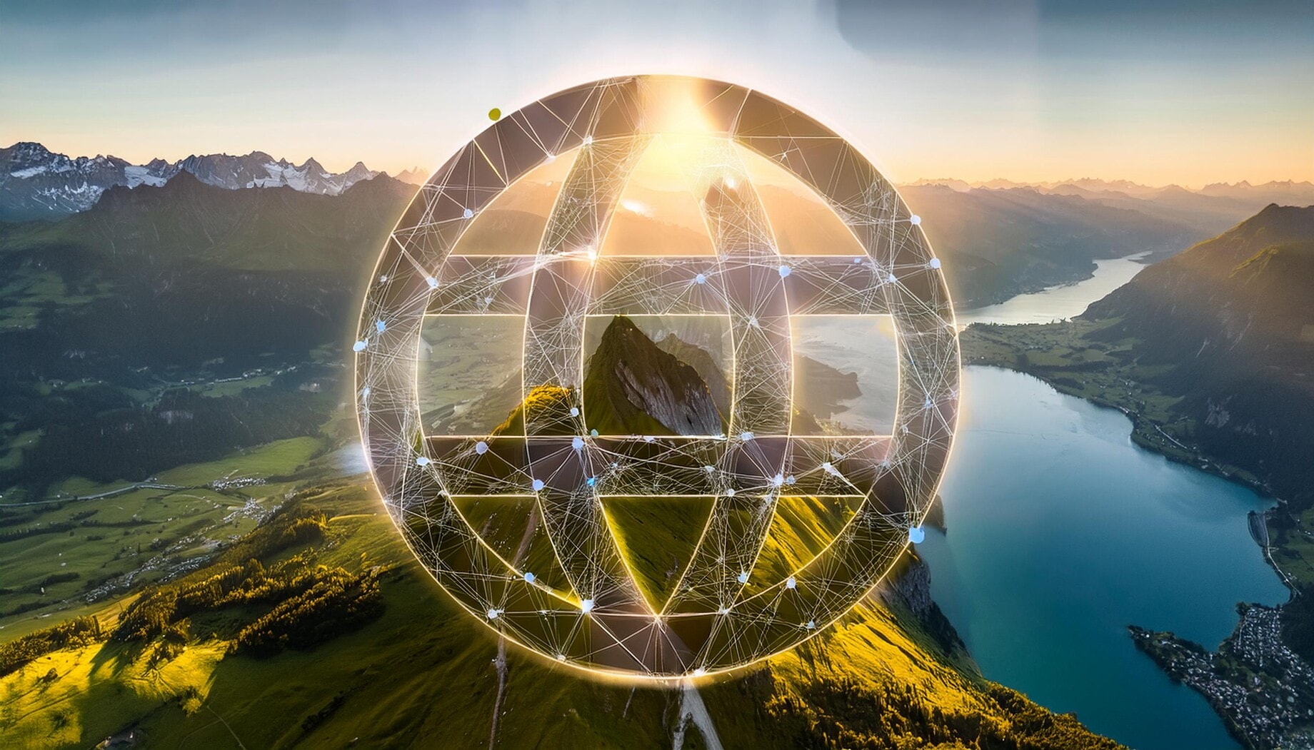 Visualisierung der zukünftigen Entwicklung des Internets mit globalem Netzwerk über einer Landschaft