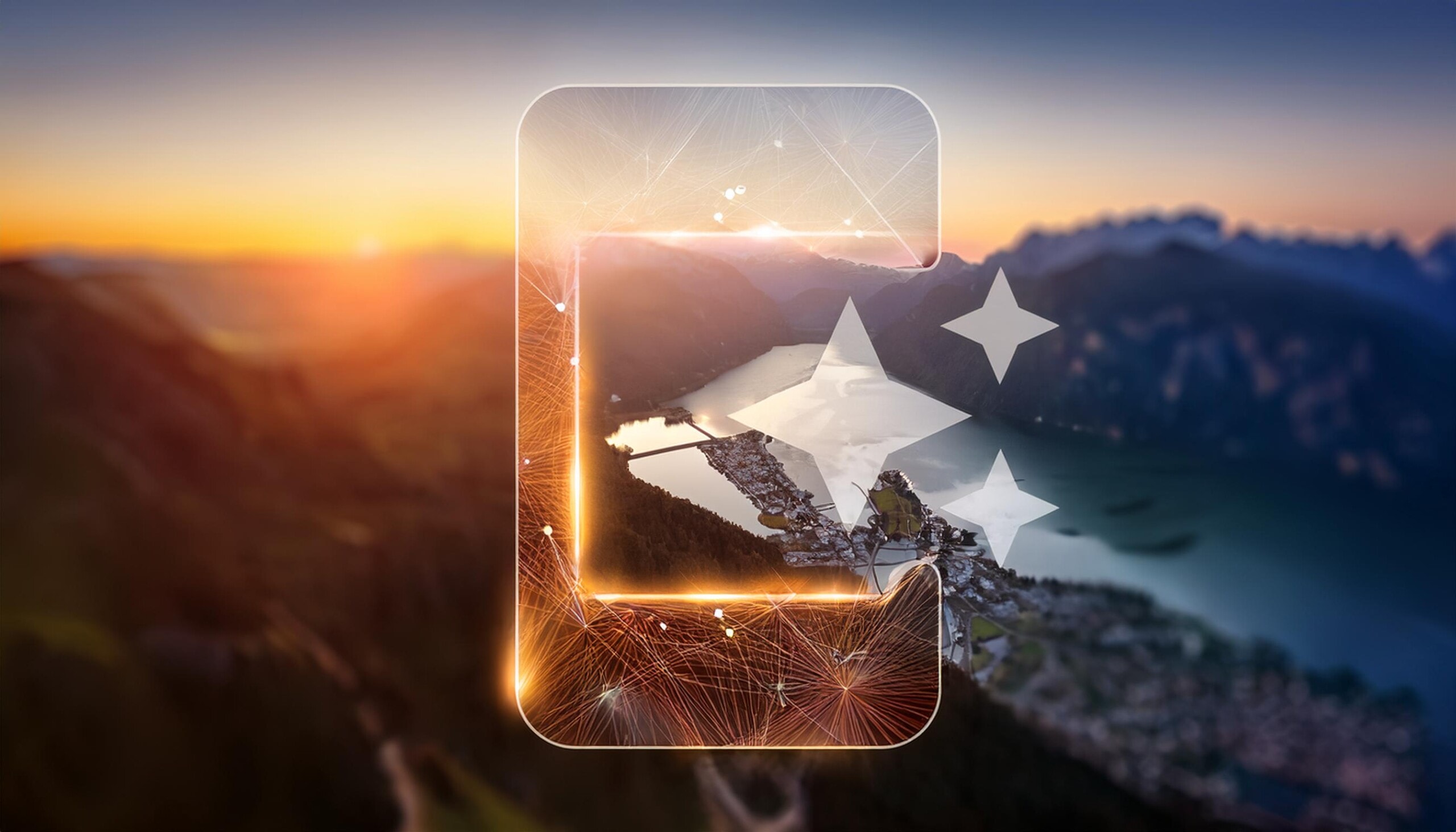 Symbolische Darstellung der Vorteile von Web-Apps mit einem abendlichen Landschaftshintergrund.